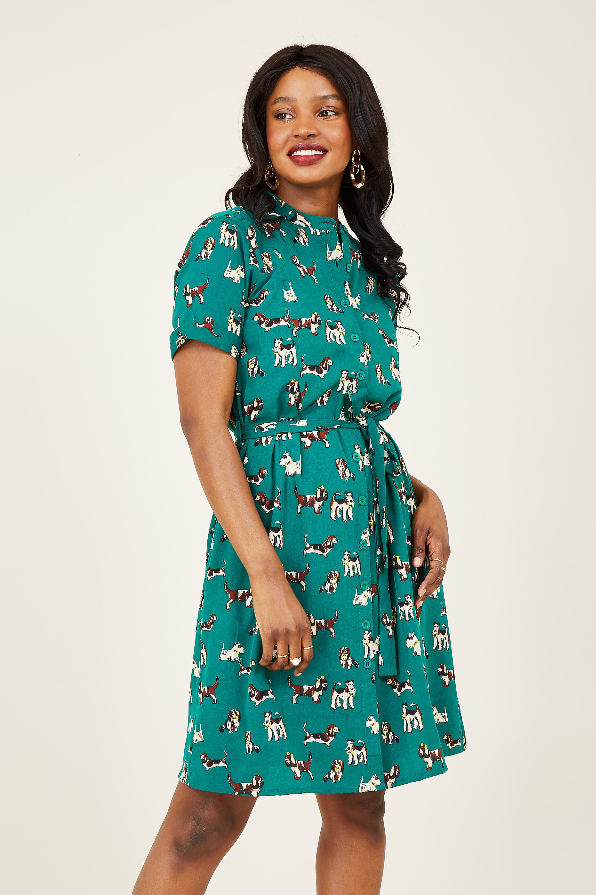 If there's one thing we love at Yumi, it's turning animals into quirky prints - meet our Dog Shirt Dress. In a versatile shape, it comes with utility details: buttons running down the front, rolled sleeves and pockets. The soft fabric makes it a comfortable choice, with a sweet collarless neckline to finish. Pair with a furry friend (we hope).