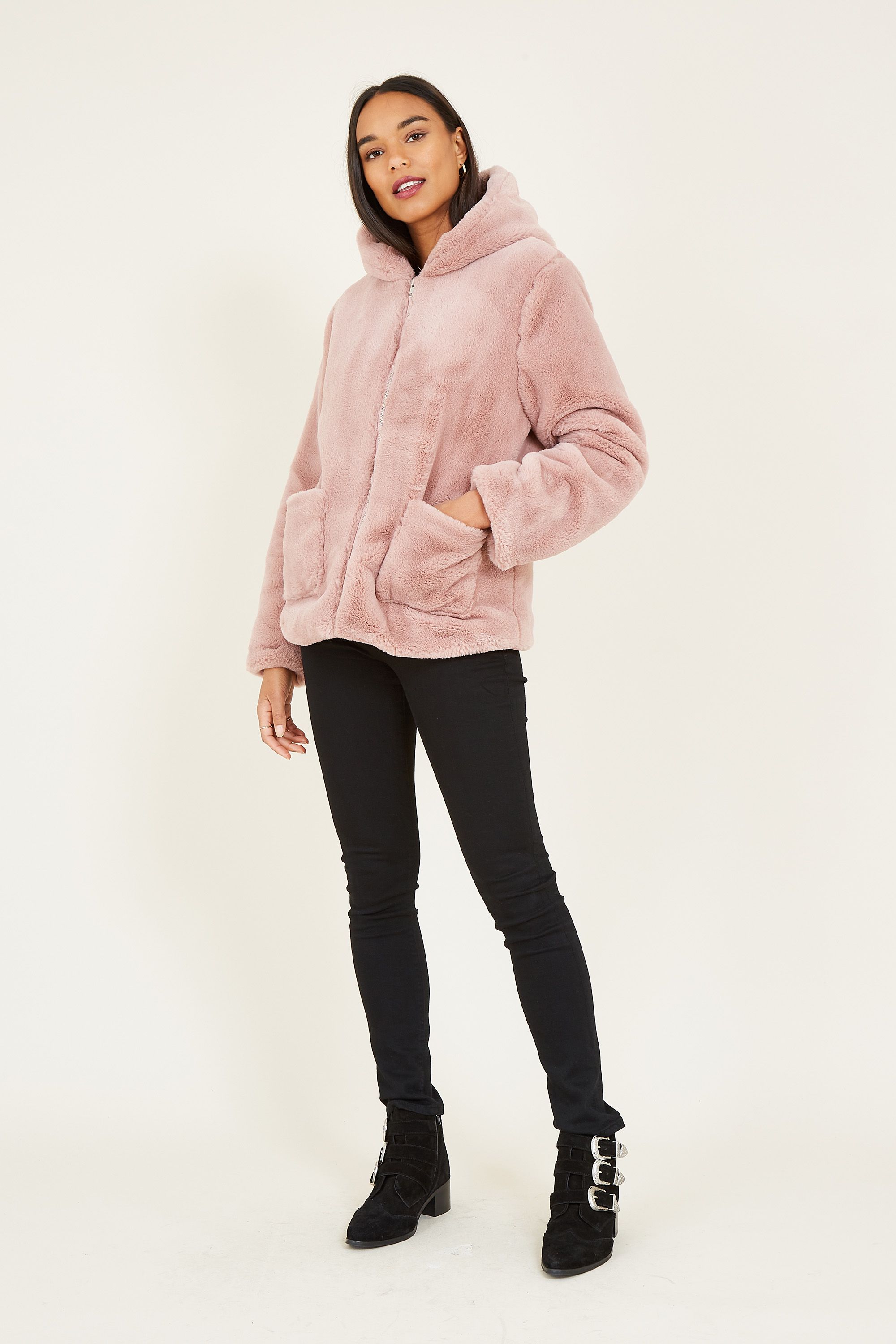 Yumi Blush Zip Faux Fur Coat With Hood