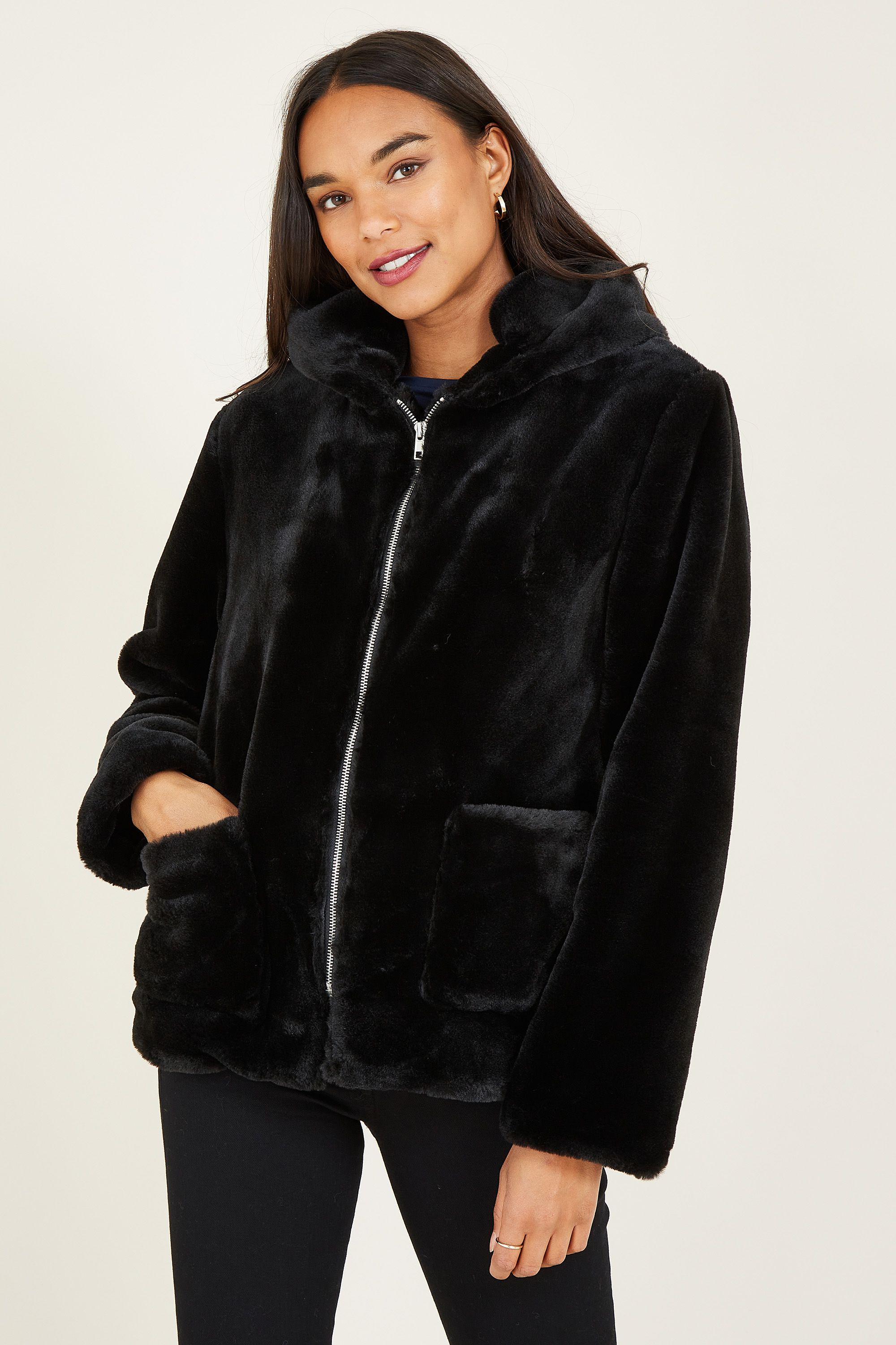 Yumi Black Zip Faux Fur Coat With Hood