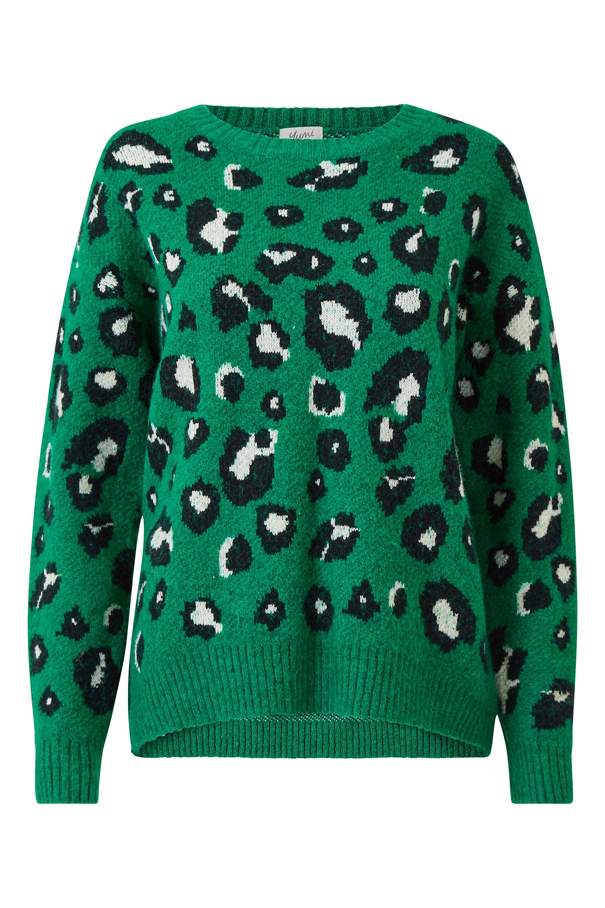 Yumi Green Leopard Knitted Relaxed Jumper