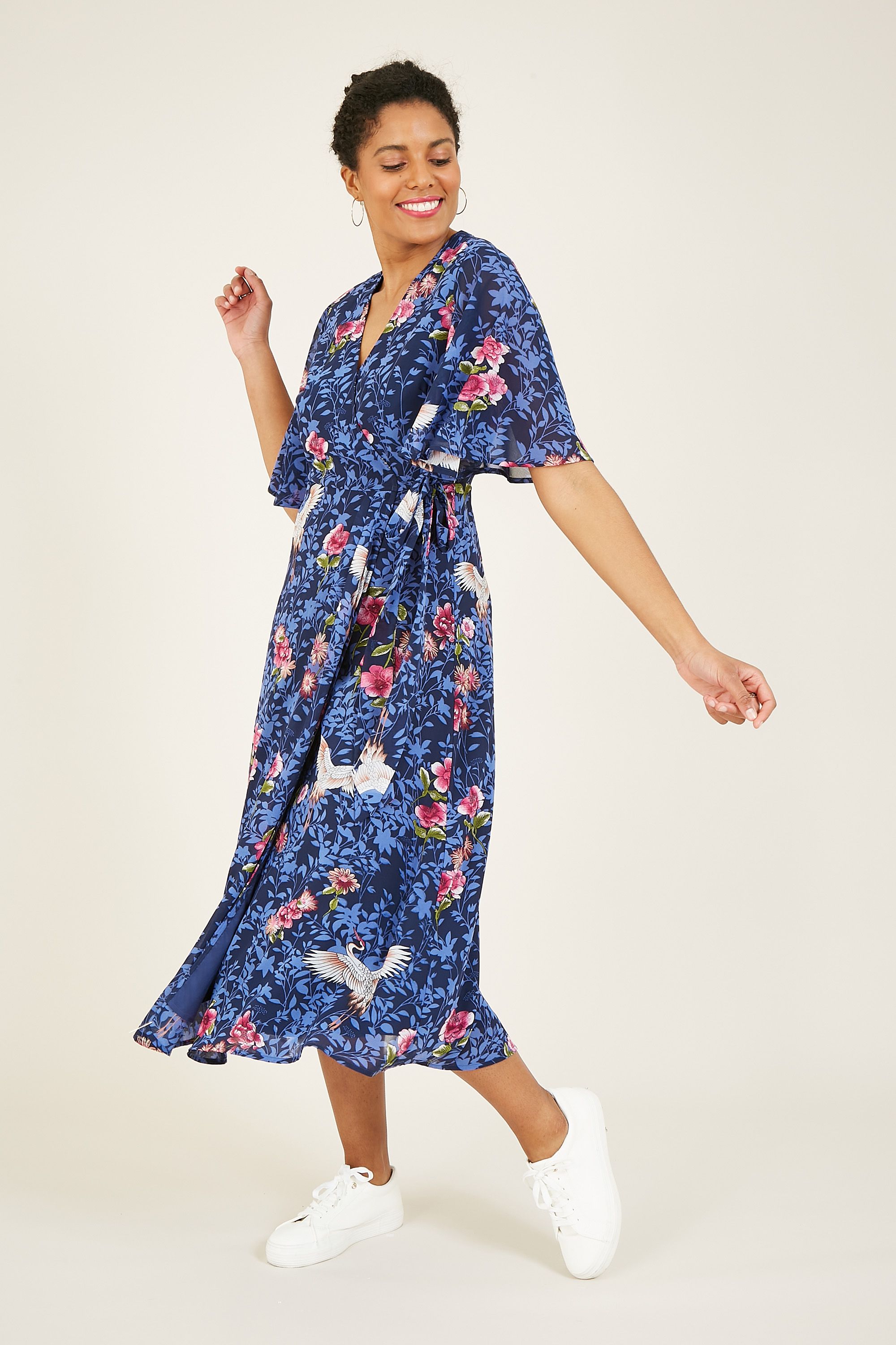 Yumi Blue Crane Print Wrap Midi Dress