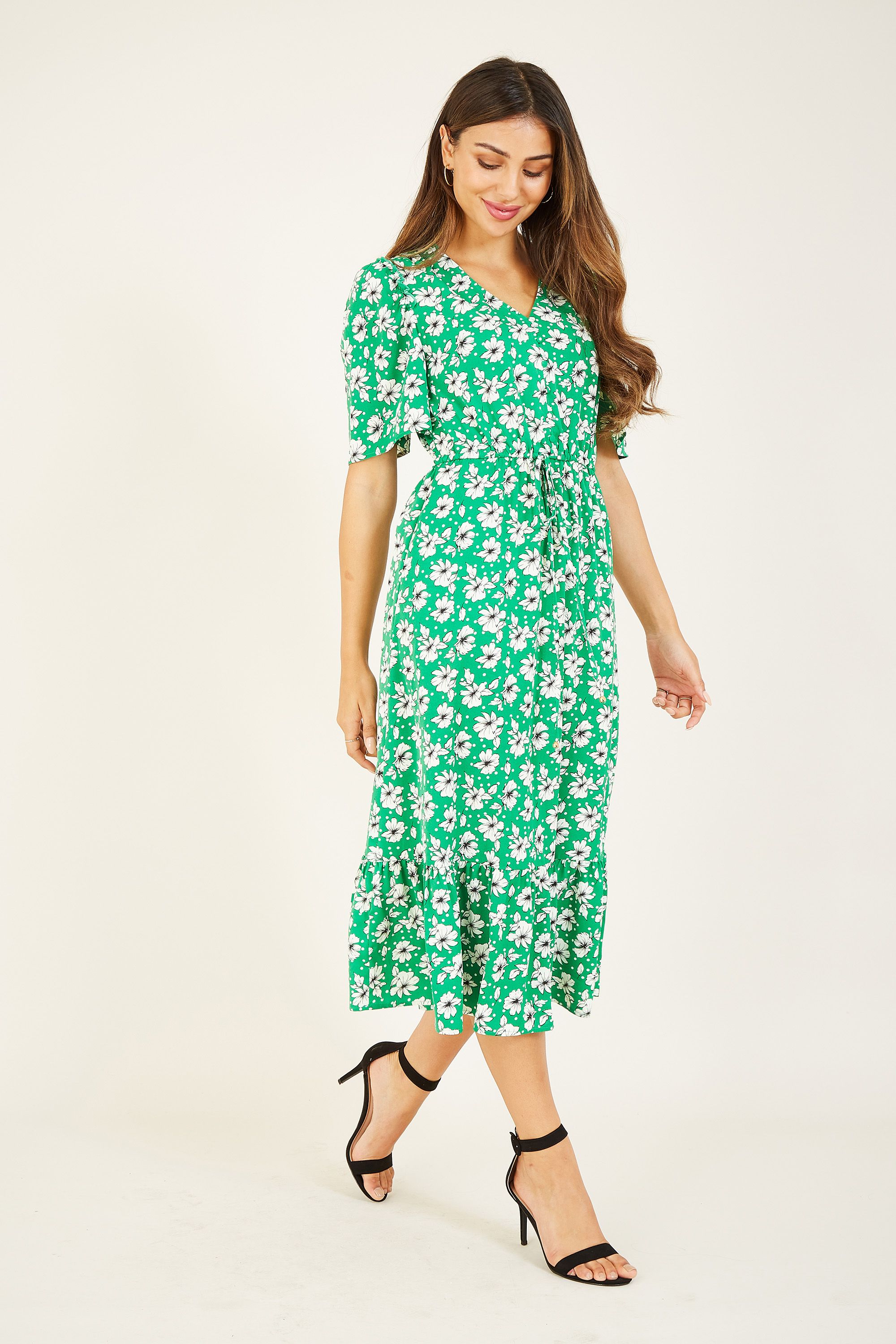 Yumi Green Flower And Spot Print Midi Dress