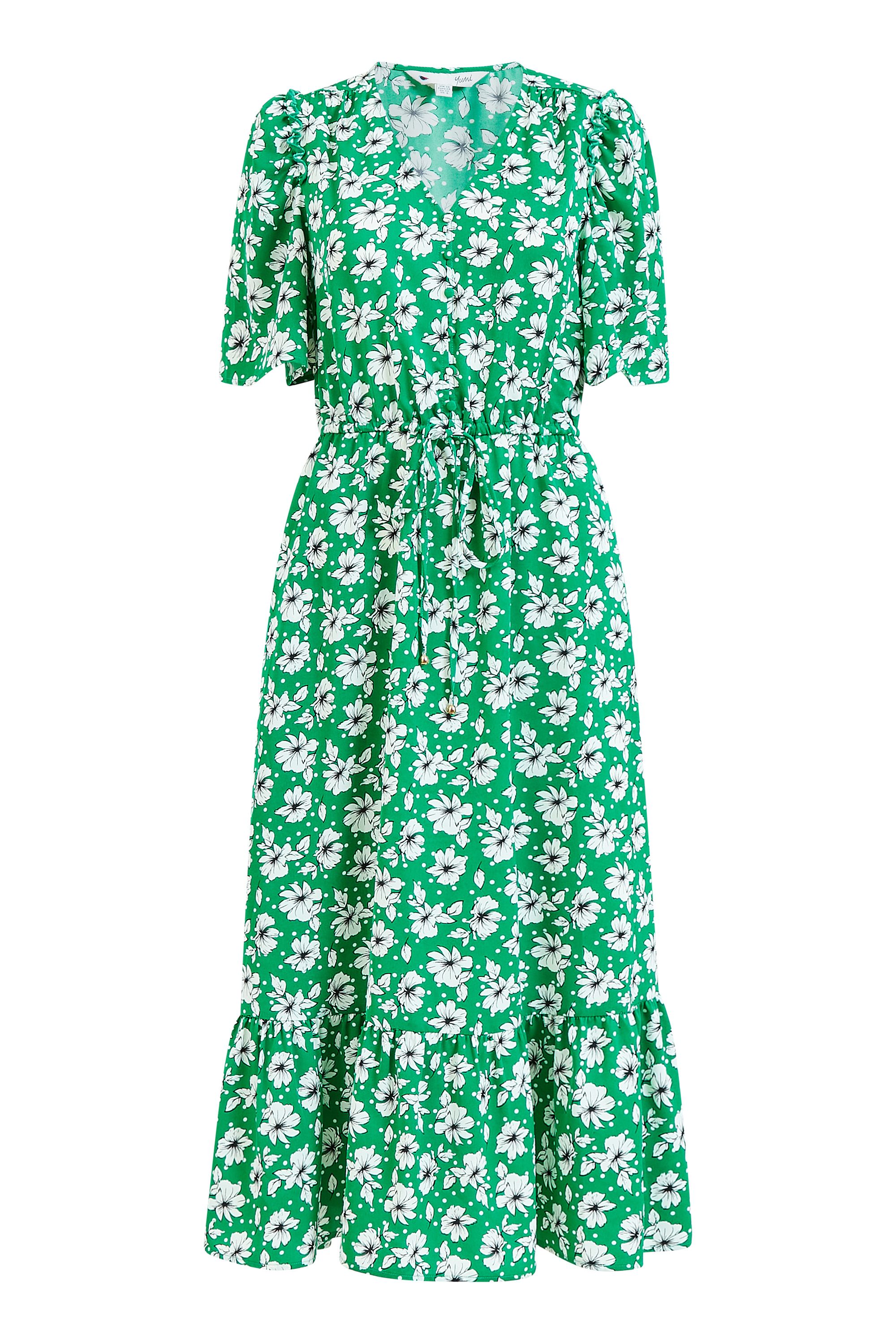 Yumi Green Flower And Spot Print Midi Dress