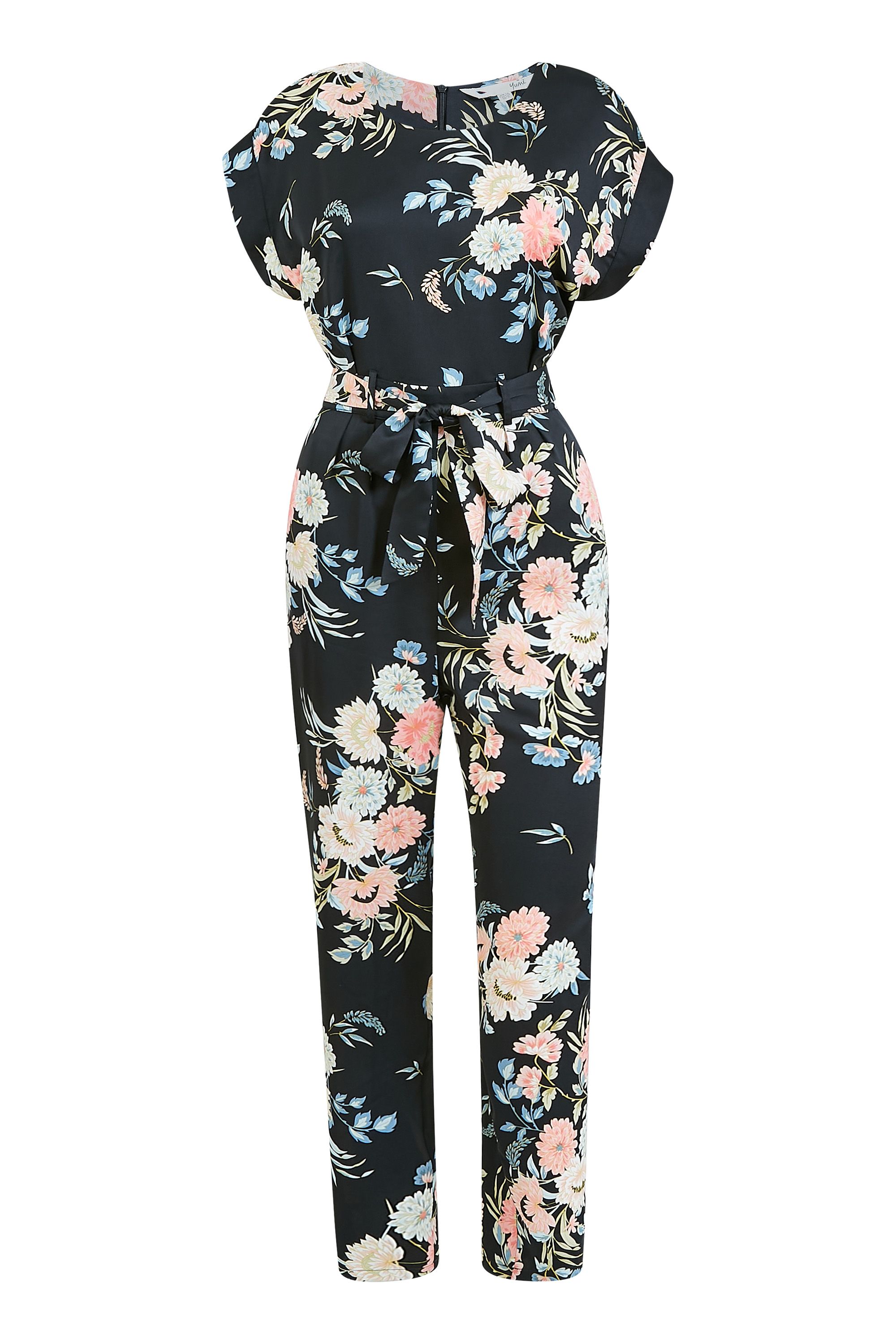 Reinventing the classic one-piece, this Yumi Japanese Floral Tie Jumpsuit  is a cut above the rest. Designed in a form-fitting shape, it features a tailored waistline with a sweet tie, short sleeves, and a smart round neckline. Complete with a fresh floral print, it's styled with lightweight polyester to make your day that little bit more comfortable.