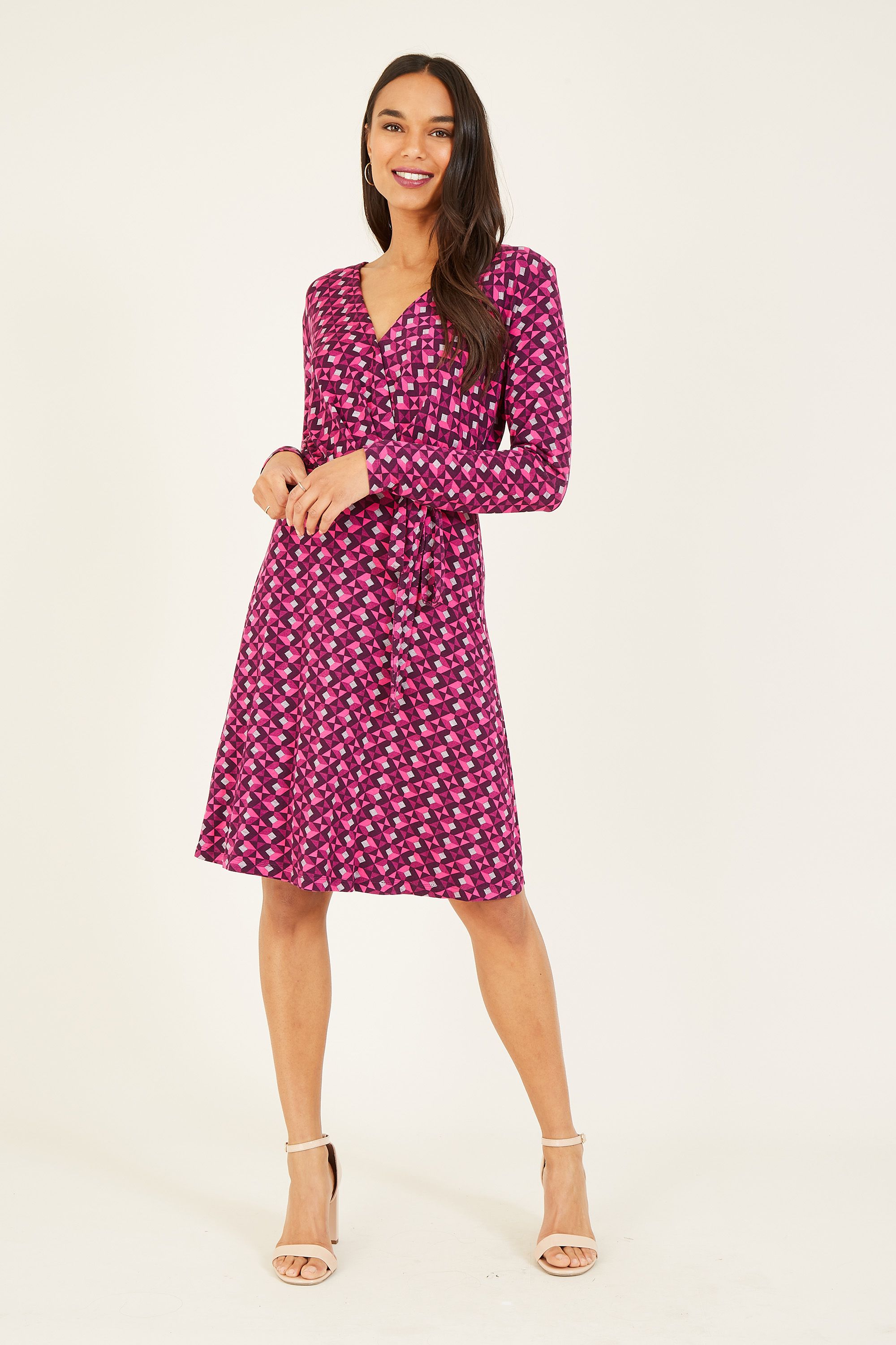 YUMI Pink Geometric Print Jersey Wrap Dress