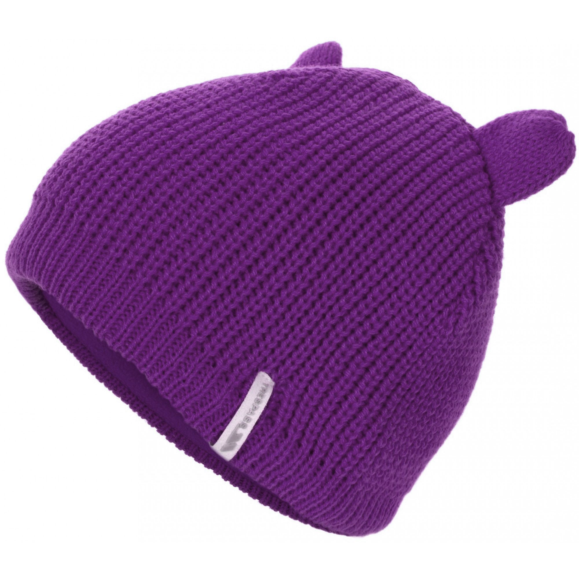 Knitted Beanie With Bear Ears. Fleece Lined. Woven Tab. Outer: 100% acrylic, Lining: 100% polyester fleece.