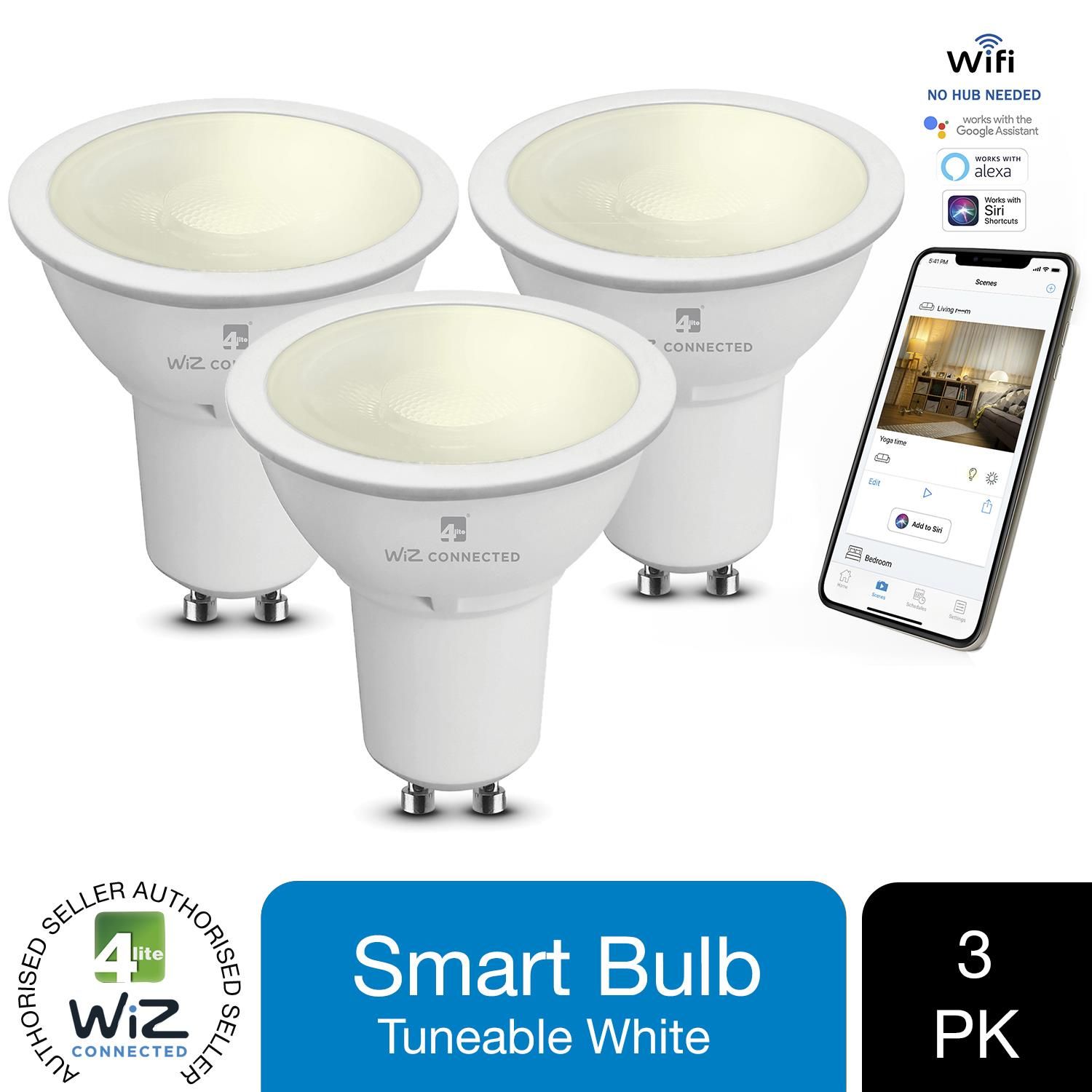 4lite WiZ Connected GU10 White & Dimmable Smart Bulb WiFi. Create a relaxing atmosphere with a warm, cosy white colour. Dimmable via the WiZ app, added functionality includes setting schedules, providing added home security, night lights, save energy and much more!

Features : 

LED 5.5W - equivalent to 50W
Can Be Controlled via the WiZ App and Voice Controlled Smart Devices - Google, Alexa, Siri, Samsung Smart Things
Warm White 2700K - 350 lumens
LED lifetime 25,000 hours
50,000 switching cycles
Dimmable via the Wiz app
Warm White 2700K

Power and Connectivity : 

220-240V 50Hz
5.5W 45mA
Encrypted cloud connection with TLS 1.2 security protocol
Amazon Web Services, pre-subscribed for product’s lifetime
Anonymous sign-in
OAuth 2.0 secured framework
Connection to WiFi on 2.4 GHz frequency mode for wider coverage
32-bit CPU
2 slots for maximum reliability during auto-updates
Physical : 

White
GU10 base type
Heatsink: aluminium and electrophoresis white
Bulb: frosted
Package Includes : 3 Pack of 4lite WiZ Connected GU10 White & Dimmable Smart Bulb WiFi