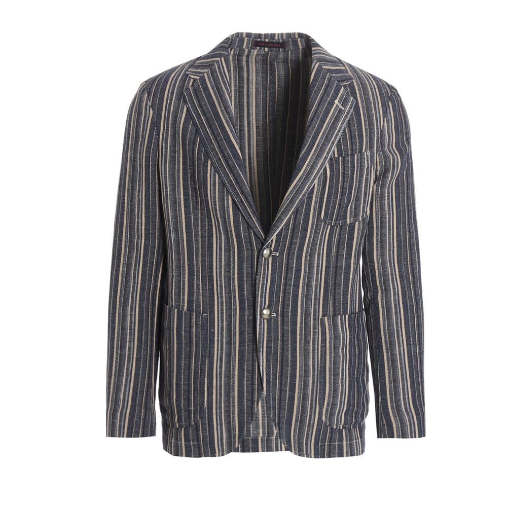 'Pier T1' striped cotton and hemp single breast blazer jacket featuring peak lapels and pockets.