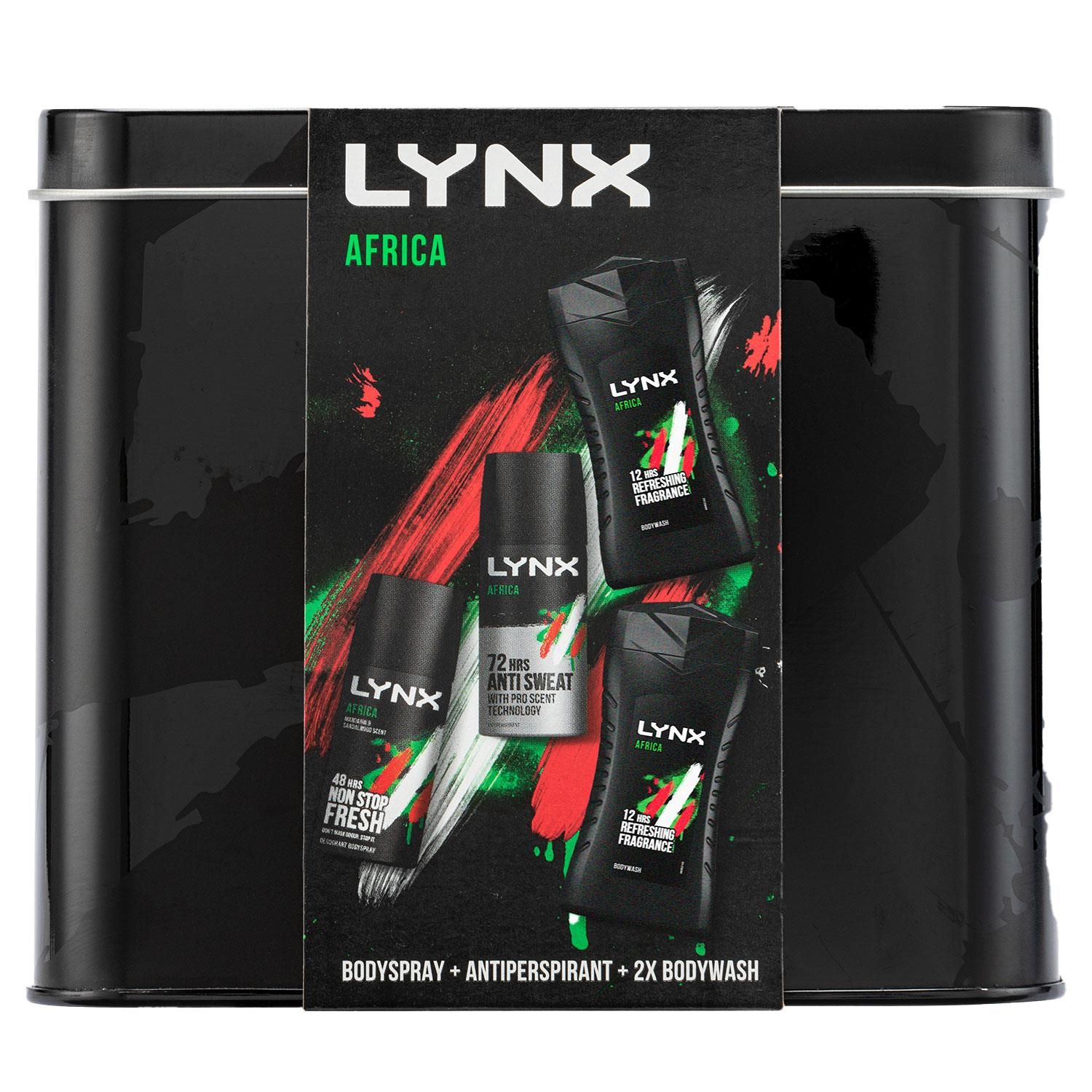 Looking for a gift for dad We have got you covered in style with the much-loved LYNX Africa fragrance. Give the ultimate gift with our iconic LYNX Africa Mini Tin Gift Set - ideal for dads everywhere! There will be no need to fake happiness when he unwraps this bad boy. Trust us. This gift set teams LYNX Africa Body spray, Bodywash and Antiperspirant Deodorant Spray together, so he can have the confidence to be the best version of the only thing he can be - himself. Developed using our unique pro-scent technology, LYNX Africa Antiperspirant will give him 72-hour sweat and odour protection while the aromatic, sweet and warm scent of LYNX Africa Bodywash will keep him smelling and feeling fresh all day. This set of gifts for men comes in a stylish black tin box that is practical and generous enough to keep all his LYNX toiletries in one place. The perfect present for him this Christmas Festive, this gift set will bring back so many good memories and help him be on top of his game - no matter what comes his way, he will be ready with an iconic scene! 

Features:
Kick-start your day with a refreshing shower enhanced with our iconic Africa fragrance that never goes out of style
Lynx Africa Shower Gel washes away odour and provides up to 12 hours of refreshing fragrance
Lynx Africa Antiperspirant Deodorant Spray for Men gives you 48-hour protection against sweat and body odour
Strong antiperspirant spray effectively protects you against excessive sweating and the odour that too often goes with it

Safety Warning: Avoid contact with eyes. If contact occurs, rinse thoroughly with water. Avoid direct inhalation. Avoid prolonged spraying. Do not spray near your eyes. Use only as directed. Do not expose to temperatures exceeding 50°C. Keep out of reach of children.

Gift Set Includes:
1x Lynx Africa 48H Deodorant Body Spray 35ml
1x Lynx Africa 72H Antiperspirant Deodorant 35ml
2x Lynx Africa 12H Refreshing Bodywash 50ml