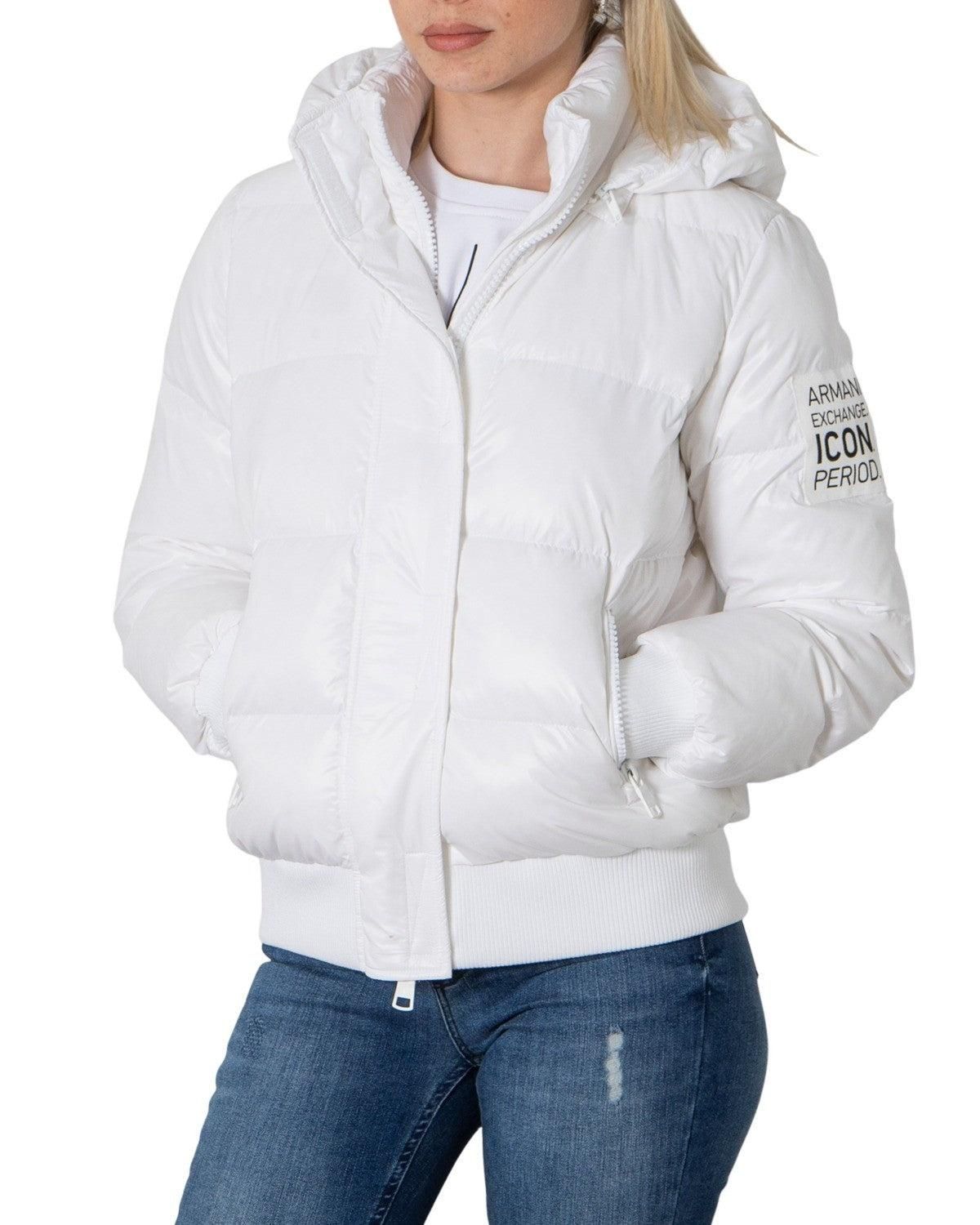Brand: Armani Exchange   Gender: Women   Type: Jackets   Color: White   Sleeves: Long Sleeve   Collar: Hood   Fastening: Zip and Automatic Buttons   Pockets: Front Pockets   Season: Fall/winter . length:medium. style:zipper. material:nylon. type:bomber. hood:hood