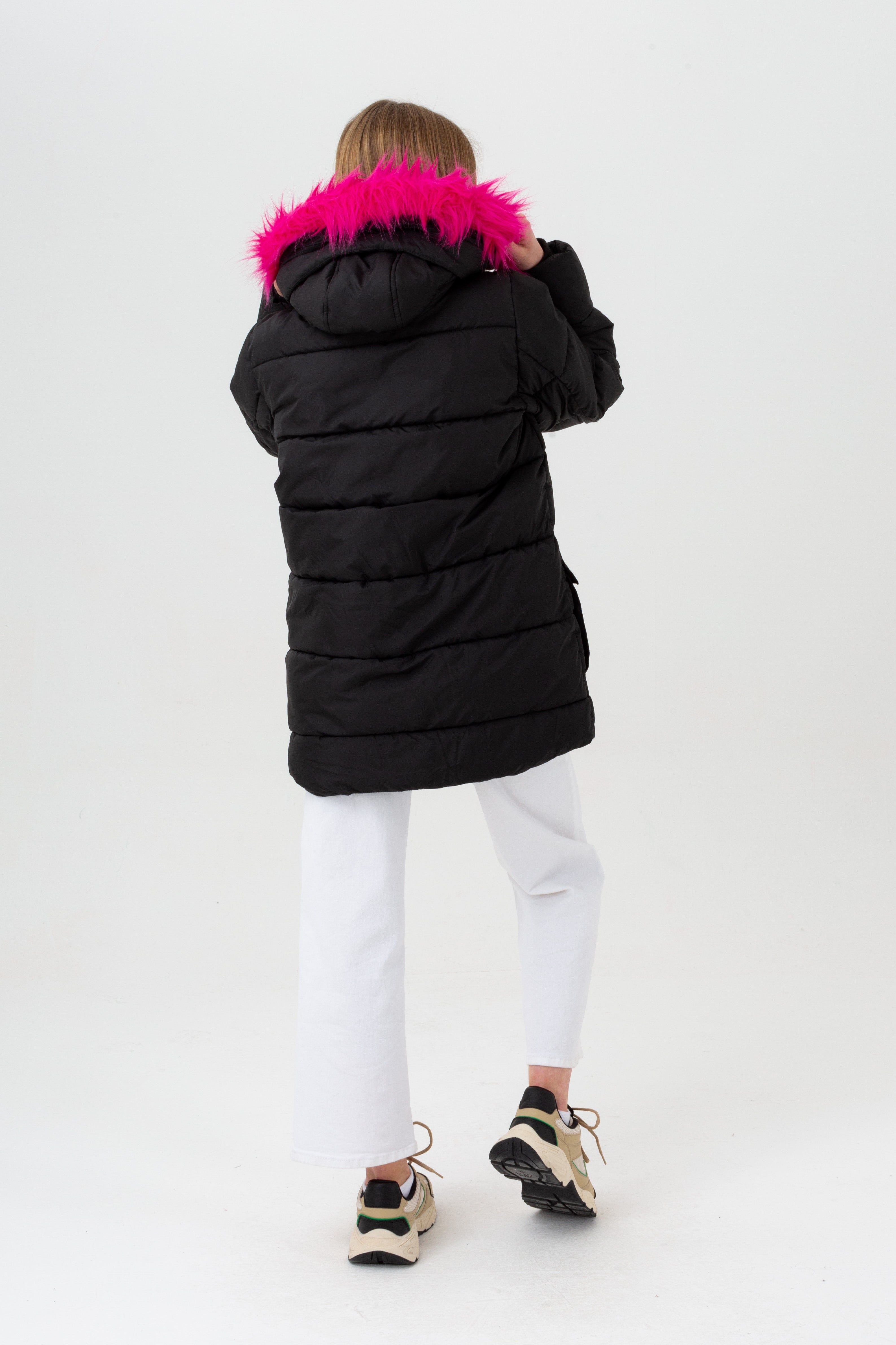 Meet the HYPE. Girls Black Bloom Crest Explorer Jacket, perfect for braving the cold weather this season. Designed in our quilted explorer jacket shape, boasting a pink faux fur hood and embroidered HYPE. Crest. Wear with jeans and a t-shirt or a HYPE. hoodie and matching joggers for the ultimate comfortable fit.