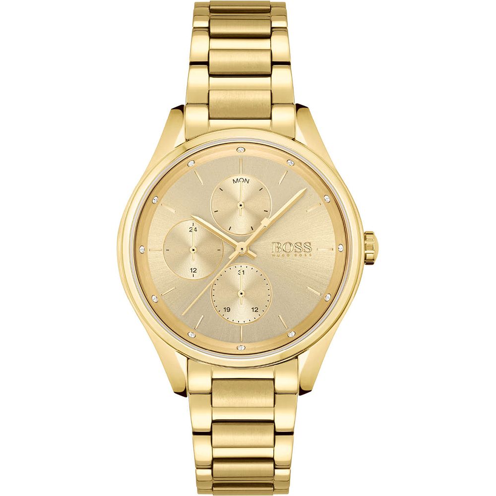 This Hugo Boss Grand Course Multi Dial Watch for Women is the perfect timepiece to wear or to gift. It's Gold 36 mm Round case combined with the comfortable Gold Stainless steel watch band will ensure you enjoy this stunning timepiece without any compromise. Operated by a high quality Quartz movement and water resistant to 3 bars, your watch will keep ticking. This Elegant and practical watch is perfect for all occasions. It’s a great gift for your relatives and friends -The watch has a calendar function: Day-Date, 24-hour Display High quality 19 cm length and 15 mm width Gold Stainless steel strap with a Fold over with push button clasp Case diameter: 36 mm,case thickness: 9 mm, case colour: Gold and dial colour: Gold