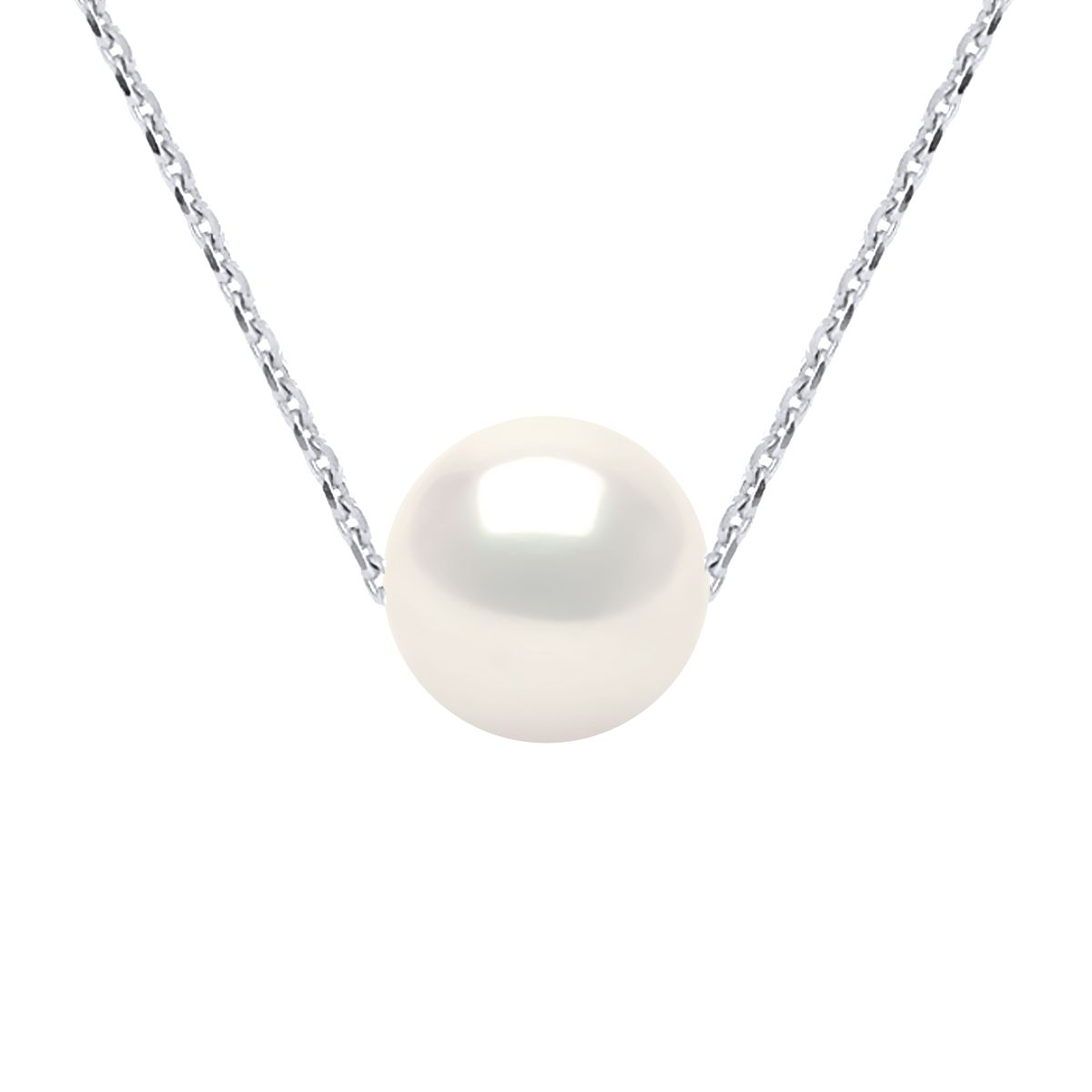 Necklace of true Cultured Freshwater Pearls 9-10 mm - Natural White Color and chain mesh 925 Sterling Silver Rhodium-plated Length 42 cm , 16,5 in - Our jewellery is made in France and will be delivered in a gift box accompanied by a Certificate of Authenticity and International Warranty