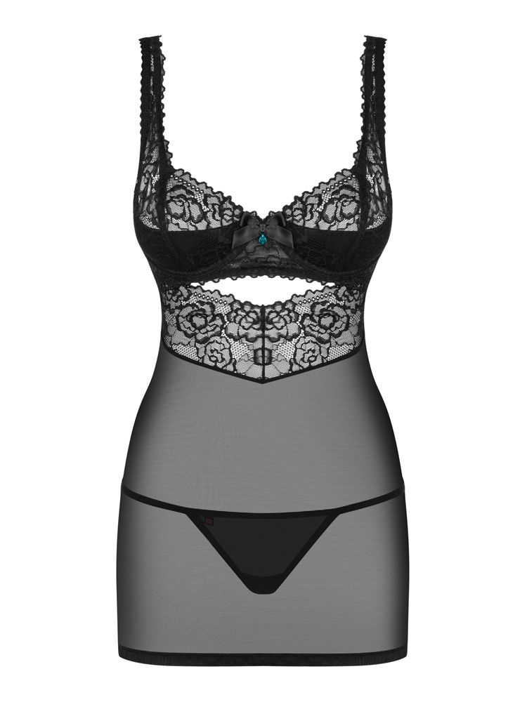 This stunning 2 piece set from Obsessive is the perfect set to complete any sexy lingerie collection. The tempting chemise has adjustable straps and a multistage closure to ensure the perfect fit. The smooth lace and sheer fabric has a triangular cut on both the front and back for a teasing look. The underwired and padded cups emphasis your breasts whilst also giving you the support that you need. The satin bow and turquoise stone in the middle of the chemise adds a flirty feel.