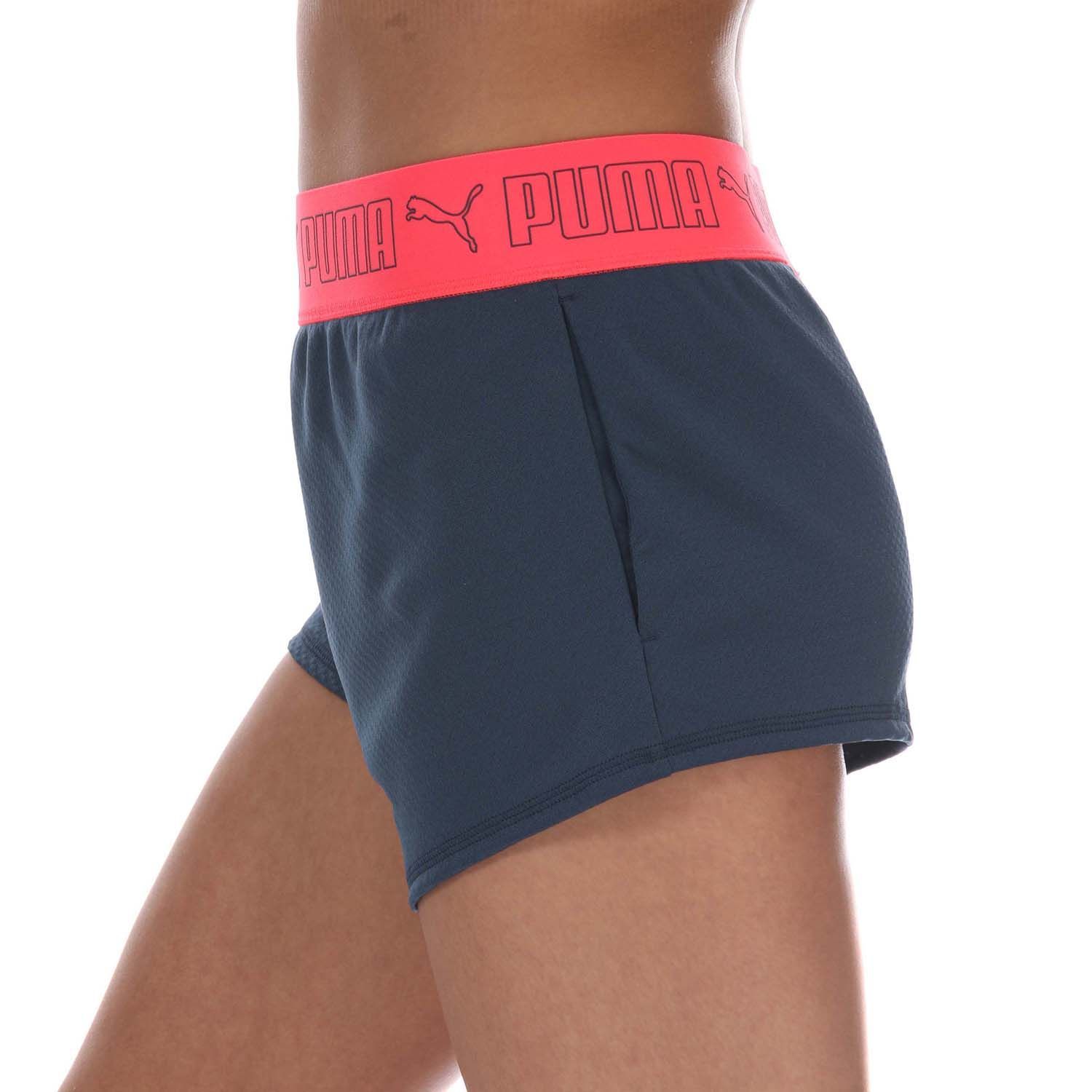 Womens Puma Elastic 3 Inch Training Shorts in dark blue.- Wide elasticated waistband.- Lightweight construction.- Puma branding to the waistband and leg.- Shell: 100% Polyester.  Machine washable.- Ref:52028566