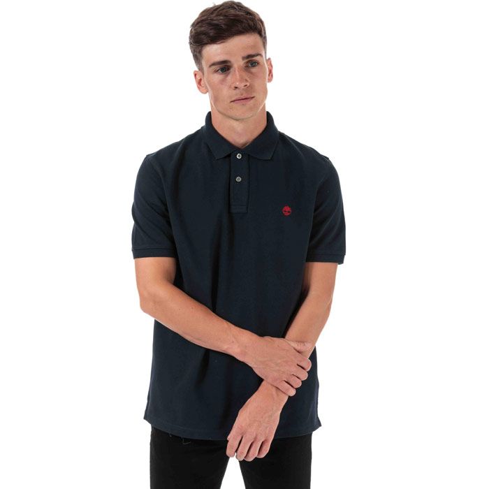 Mens Timberland Millers River Polo Shirt in navy.<BR><BR>- Ribbed polo collar.<BR>- Two button placket.<BR>- Short sleeves with ribbed cuffs.<BR>- Even vented hem.<BR>- Contrast back neck tape.<BR>- Signature Timberland logo embroidered at left chest.<BR>- Soft and comfortable organic cotton piqué fabric.<BR>- Regular fit.<BR>- Measurement from shoulder to hem: 27“ approximately.<BR>- 100% Organic cotton.  Machine washable.<BR>- Ref: TB0A1YQV 433<BR><BR>Measurements are intended for guidance only.