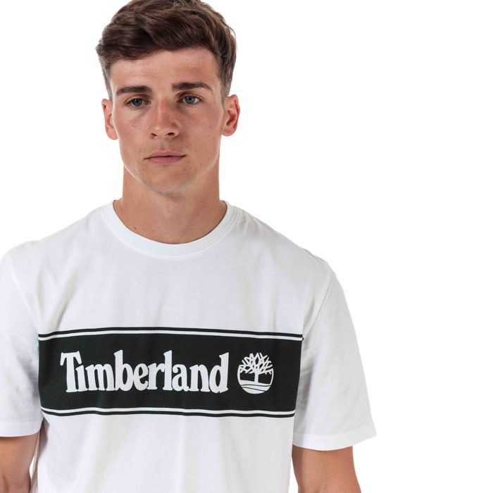 Mens Timberland YC Striped Logo T-shirt  White. <BR><BR>- Short sleeve crew-neck. <BR>- Contrast colour details. <BR>- Relaxed regular fit. <BR>- Features contrast signature Timberland logo on the chest. <BR>- Relaxed  regular fit. <BR>- 100% cotton.  Machine washable.<BR>- Ref: A22PTP541.