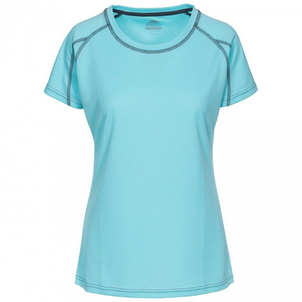 Short sleeved t-shirt with scooped neck. Raglan sleeve. Reflective Trespass prints. Contrast stitching. Quick dry. 100% polyester eyelet. Trespass Womens Chest Sizing (approx): XS/8 - 32in/81cm, S/10 - 34in/86cm, M/12 - 36in/91.4cm, L/14 - 38in/96.5cm, XL/16 - 40in/101.5cm, XXL/18 - 42in/106.5cm.