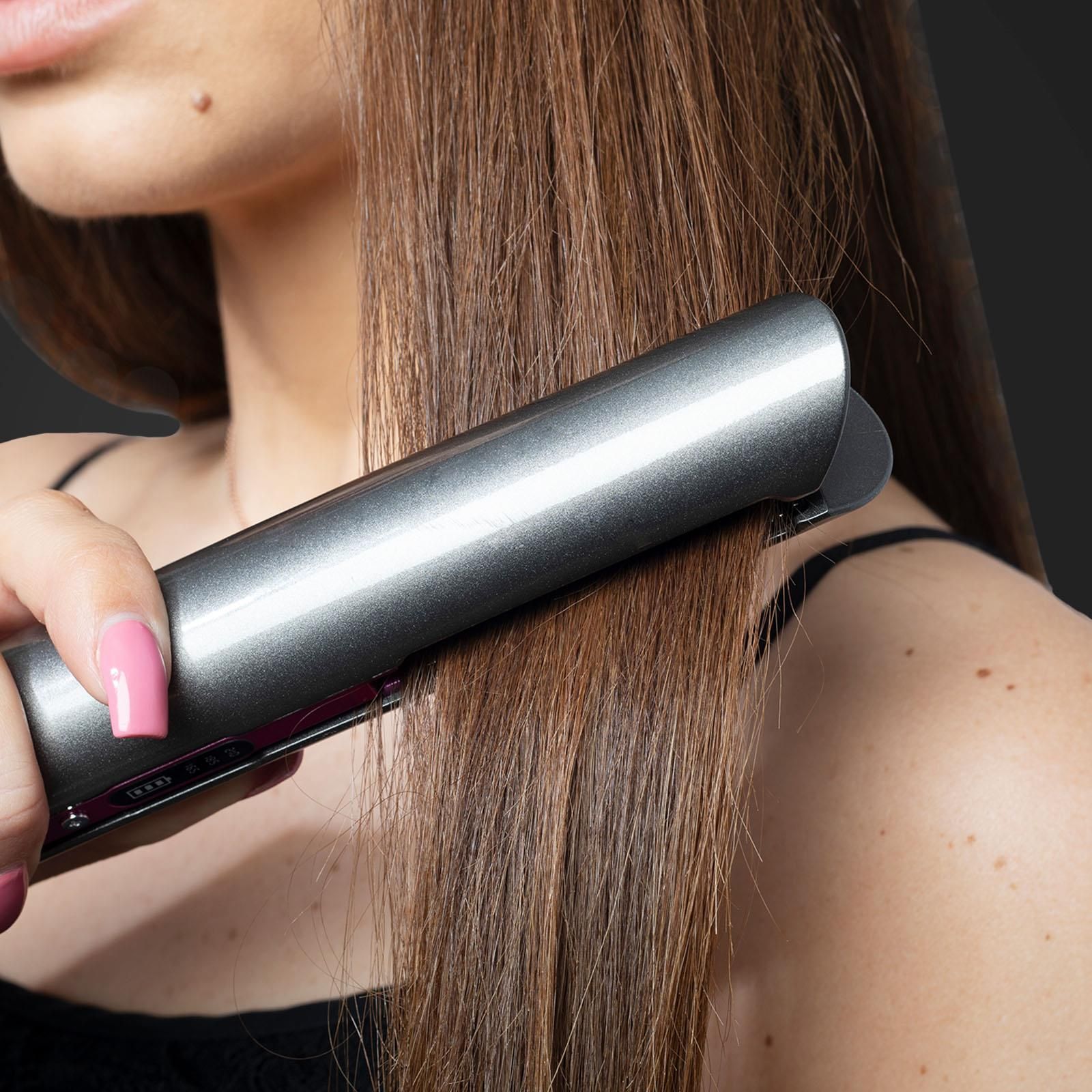 Your curling iron and flat iron in one handy tool, the envie cordless rechargeable 2 in 1 hair straightener works effortlessly on fine, thick, long, medium and short hair.  The ceramic coated plate with its floating heating plate ensures you never pull on your hair, reducing heat damage and locking in the moisture, creating a shiny, healthy finish with every style.

Key Features:
2 in 1 Hair Straightener and Curler
Rapid Heating
3 Temperature Settings: 165°C, 185°C, 210°C
Power Level Indicator: 35%, 65%, 100%
Ceramic Coated Plate
Floating Heating Plate
Lockable Handle
30 Minutes Automatic Shutdown
Charging Time: 2.5 Hours
Useage Time: 30 minutes @ 210°C  
Charging Stand and USB Charging Lead included
Travel Storage Bag included