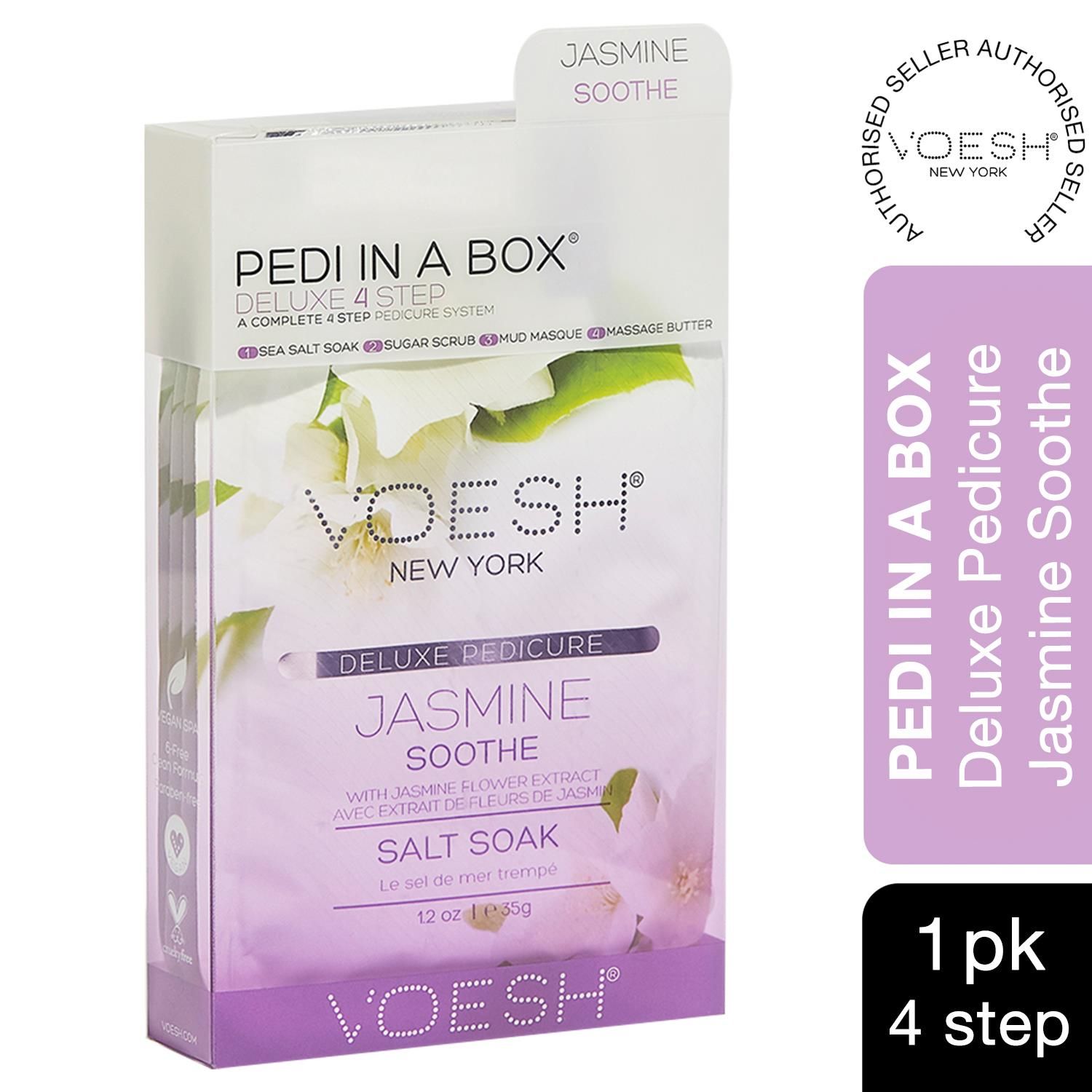 Voesh Jasmine Soothe Deluxe 4Step Pedicure In A Box with Jasmine Petal Extract.  The Cleanest And Most Hygienic Spa Pedicure Solution. Enriched With Key Ingredients To Give Your Feet The Nutrition It Needs. Each Product Is Individually Packed With The Right Amount For A Single Pedicure.

The Perfect Pedi For:
DIY At-Home Pedicure
Date Night
Bachelorette Parties
Girls’ Night In

The kit contains:
Sea Salt Soak: This soak helps relieve tension, stiffness, minor aches and discomfort in your feet. It helps detox and deodorize the feet.
Sugar Scrub: The scrub gently exfoliates dead skin cells and helps soften your feet. Perfect for use on the soles on your feet.
Mud Masque: The masque removes deep-seated impurities in your skin leaving your feet feeling clean and revived.
Massage Cream: The massage cream hydrates and soothes skin. It softens the soles of your feet and helps prevent dryness and roughness.

4 Step Includes
Sea Salt Soak 35g: to detox & deodorize the feet.
Sugar Scrub 35g: to gently exfoliate dead skin.
Mud Masque 35g: to deep cleanse impurities.
Massage Butter 35g: to hydrate and soothe skin.