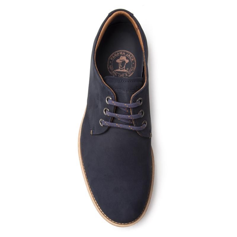Men's Navy Panama Jack Lace-up Kalvin Derby Shoes With Premium Leather Upper, Metal Eyelets And Branded Heel Pin, And Contrast Stitched Edging. These Lightweight Shoes Made In Spain Have A Contrasting Flexible Non-slip Eva Chunky Rubber Sole And Removable Contoured Insole.