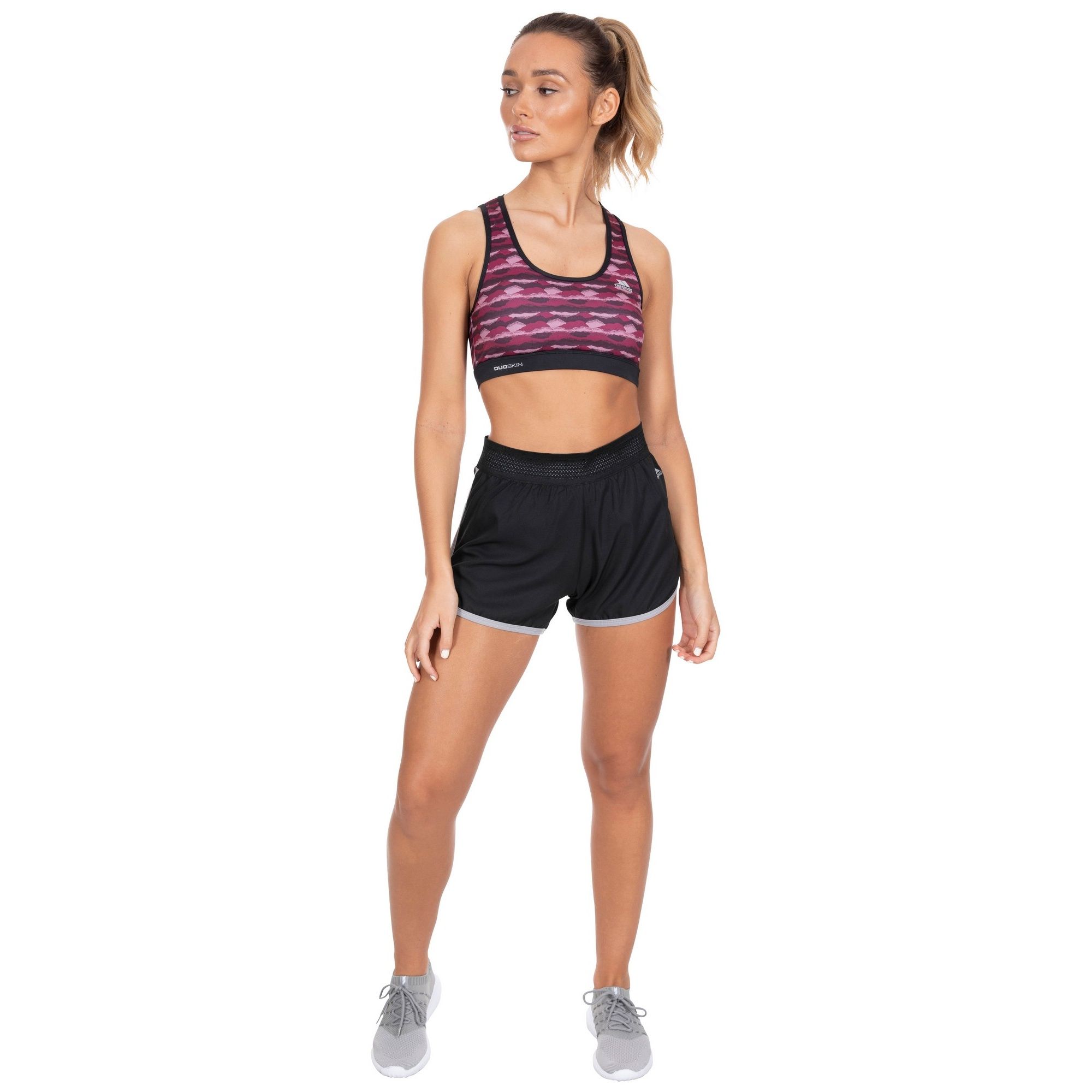 90% Polyester, 10% Elastane. All over print. Supportive fabric. Contrast trims. Reflective printed logos. Wicking. Quick dry. Trespass Womens Chest Sizing (approx): XS/8 - 32in/81cm, S/10 - 34in/86cm, M/12 - 36in/91.4cm, L/14 - 38in/96.5cm, XL/16 - 40in/101.5cm, XXL/18 - 42in/106.5cm.