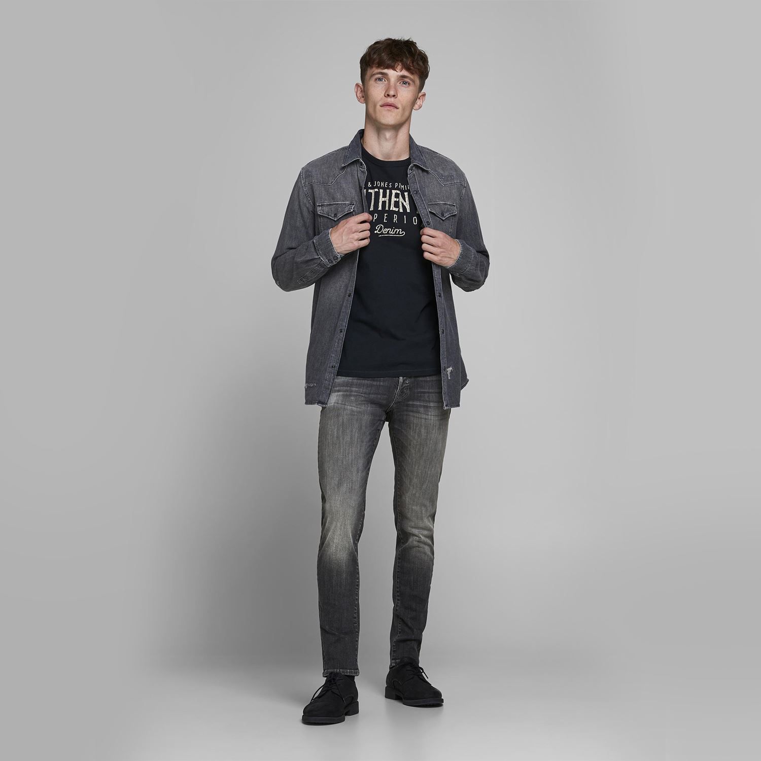 For that urban edge look, look no further than this pair of slim-fit biker jeans from Jack & Jones. High on street style edginess, make a statement in this pair teamed with a tee and cool biker jacket!

Slim Fit Glenn: Glenn is an updated slim fit with a tapered leg. The fit is narrow and leans through the thigh without feeling tight, and it always comes with stretch. Glenn is for the guy who likes his jeans slim, not skinny.
Fox Styling: Fox is the upbeat cousin to classic five-pocket jeans. It’s got all the familiar features, but the design and detailing is a little more playful; the front pockets are slanted, the back pockets are pointy, and it’s got a square rivet on the coin pocket.
Super Stretch 50%: Super Stretch is denim that stretches 1.5 times its actual size. The high amount of stretch makes it a comfortable experience to wear skin-tight jeans. And you don’t have to worry about jeans that get saggy once you’ve worn them a few times. The special yarn spun from a unique mix of cotton, polyester, and elastane gets rid of that concern.

Features:
Slim-fit for a sleek, modern silhouette
Five-pocket jeans with cutting-edge styling
Button fly
Super Stretch 50% stretches 1.5x its actual size

Specifics:
Material: 91% Cotton, 7% Polyester, 2% Elastane
Product Code: 12175890

Washing Instruction:
Machine wash at 30°C
Tumble dry on low heat settings

Iron Temp: On medium heat setting

Note: Do not bleach, Dry clean (no trichloroethylene)

Package Includes: Jack&Jones Glenn Fox Slim Fit Jeans (Black Denim) Select your Size