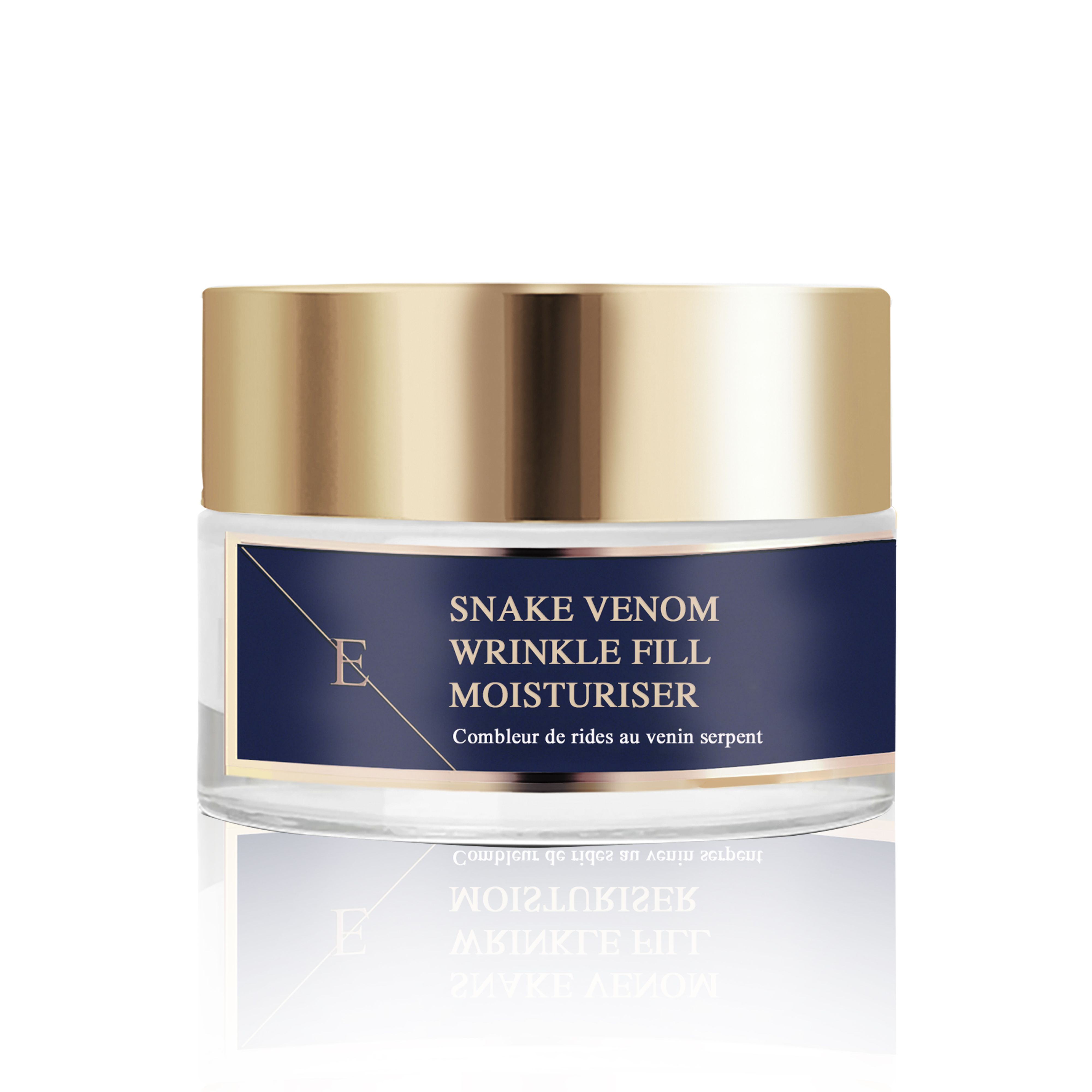 Wrinkle Fill Snake Venom Moisturiser contains synthetic snake venom peptide that is designed to relax expression lines that are known to cause wrinkles. This peptide combined with hydration boosting hyaluronic acid and collagen together aims to make the skin look visibly smoother, younger and plumper.
Snake Venom Peptide
Snake Venom Peptide Snake Venom Peptide is a synthetic peptide that replicates the effects of Waglerin 1, component that is found in the poisonous Temple Viper snake. It works by reducing muscular contractions in the face and reduces cell movement; thereby keeping the skin smooth and aiming to reduce wrinkles and fine lines.

Hyaluronic Acid

Hyaluronic Acid is naturally found in our skin, as we age our body's natural production of hyaluronic acid slows down. Hyaluronic acid is a key element making the skin looking plump and youthful as it hold moisture 1000 times its own weight. Our hyaluronic acid is called Sodium Hyaluronate and it is smaller size of hyaluronic acid that is able to penetrate and hydrate more deeper levels of the skin than normal hyaluronic acid.
Argan Oil
Almond Oil
Vitamin E
Shea Butter
Collagen

Collagen is naturally found in our skin and as we age the production of collagen slows down. As an skincare ingredient collagen aims to boost plumpness and the look of the skin by bringing moisture and hydration to the skin.

Directions for use: Apply pea-sized amount of the cream on cleansed face, neckline and neck in the morning.