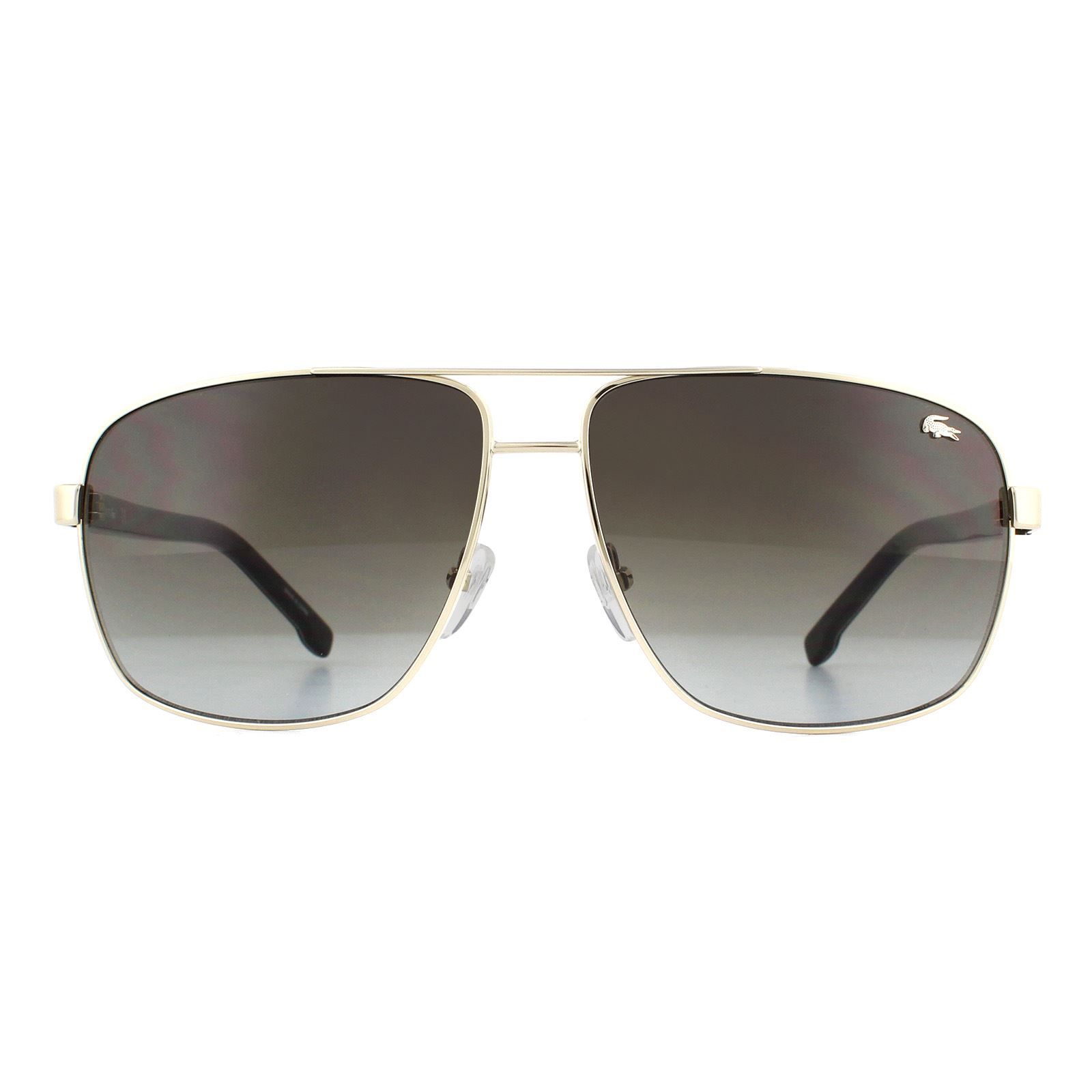Lacoste Sunglasses L162S 714 Gold Brown Gradient are a large square aviator style for men with a metal frame front and plastic temples for added comfort. The iconic Lacoste alligator embellishes one lens corner, and the Lacoste text logo is also featured on each temple.