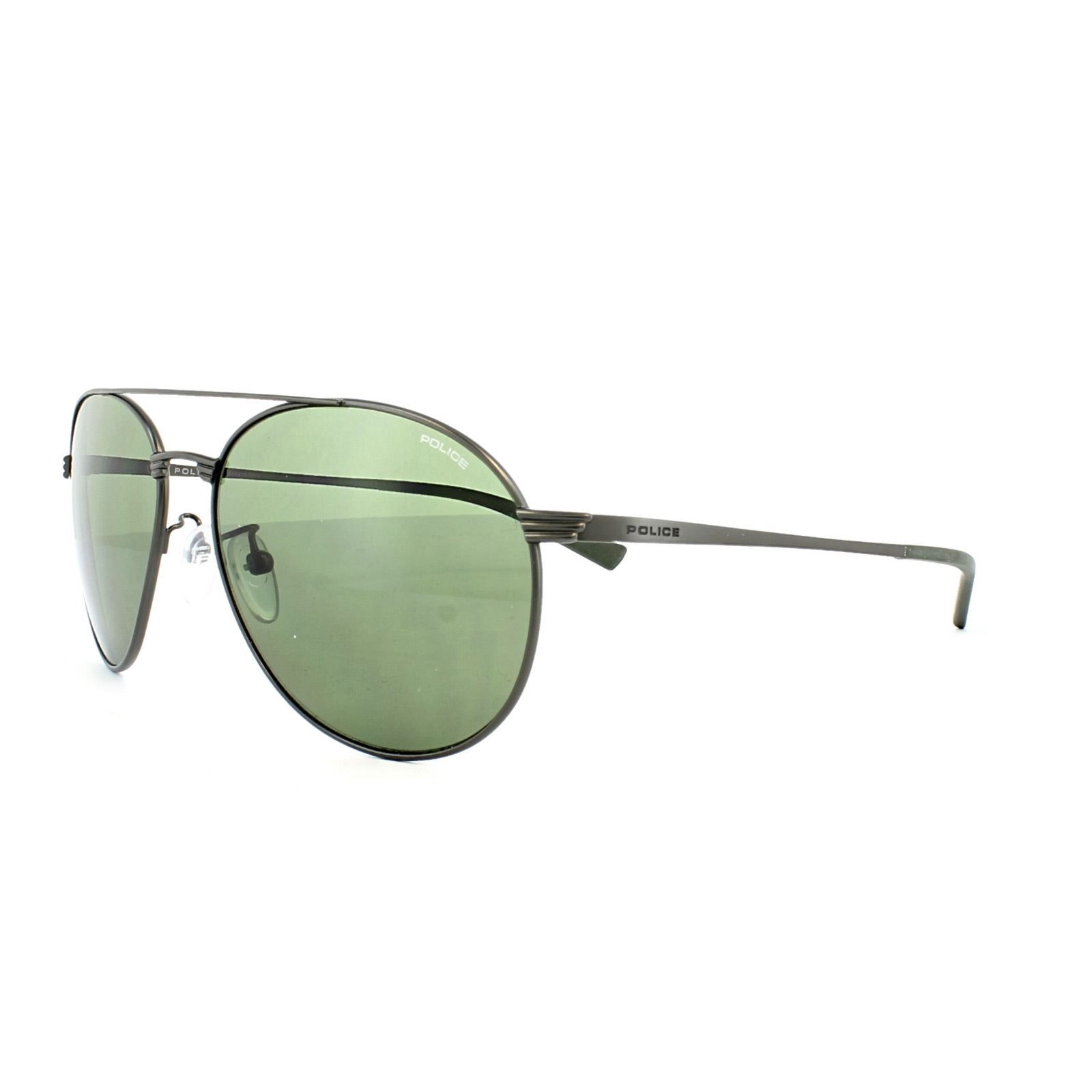 Police Sunglasses S8953 Rival 2 0627 Gunmetal Green are a slimmed down aviator style with a really round aviator lens from Police with cool grooved bride and temple detailing and prominent top brow bar. The frame is really lightweight and the adjustable nose pads will help make it fit and feel as comfortable as possible.