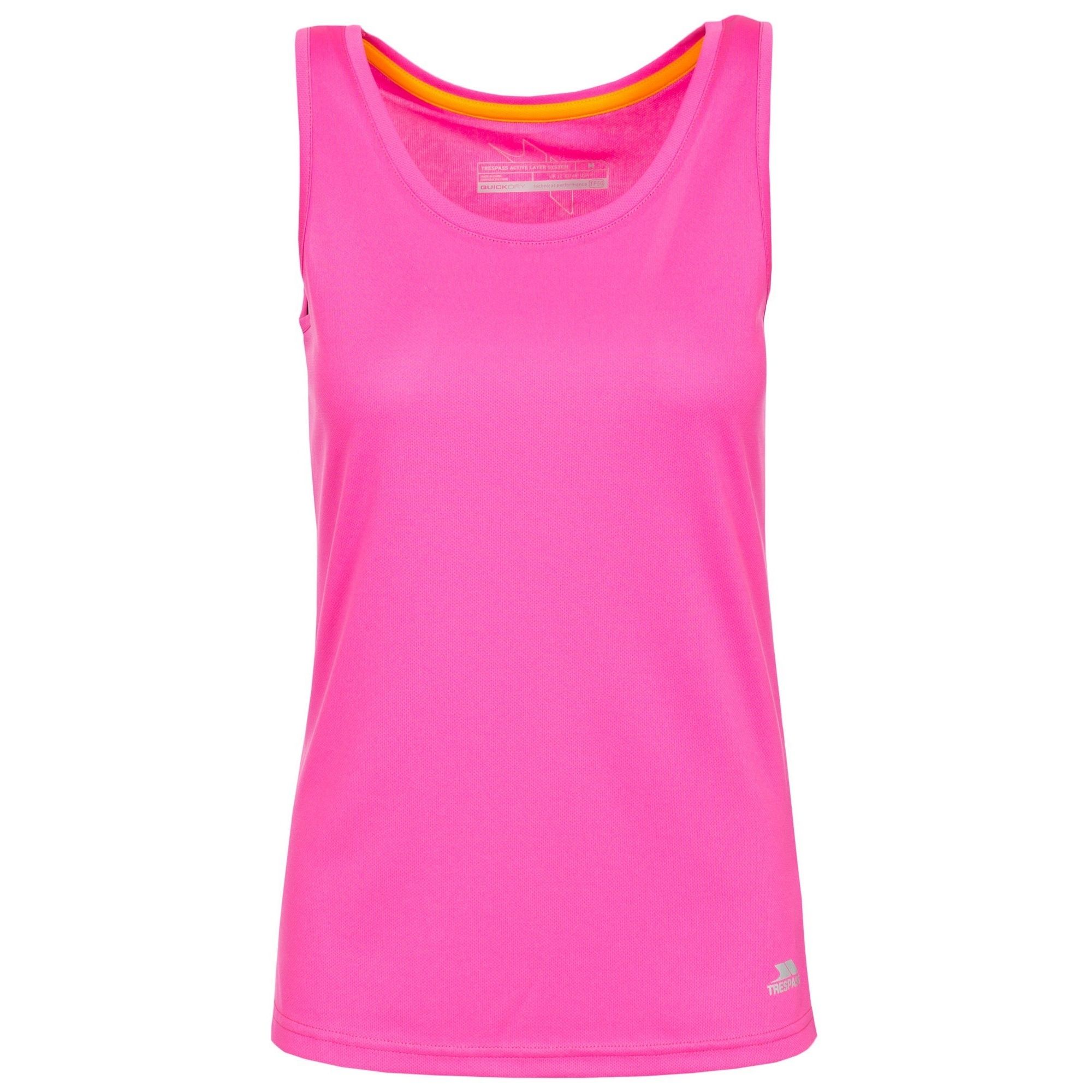 Vest top with reflective Trespass prints. Contrast inner back neck binding. Quick dry. 100% polyester. Trespass Womens Chest Sizing (approx): XS/8 - 32in/81cm, S/10 - 34in/86cm, M/12 - 36in/91.4cm, L/14 - 38in/96.5cm, XL/16 - 40in/101.5cm, XXL/18 - 42in/106.5cm.