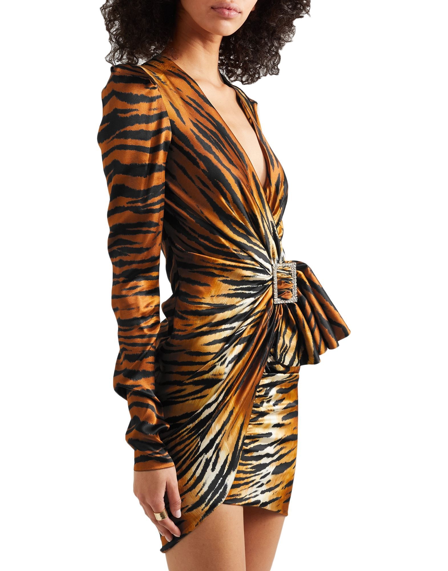 satin, draped detailing, contrasting applications, tiger stripes, deep neckline, long sleeves, no pockets, side closure, zipper closure, fully lined, stretch