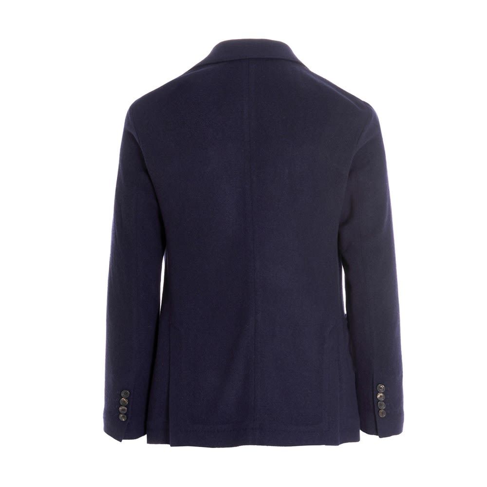 Single-breasted blazer in blue wool and cashmere blend with two buttons, mirror lapels, pockets, two back splits and slim fit.