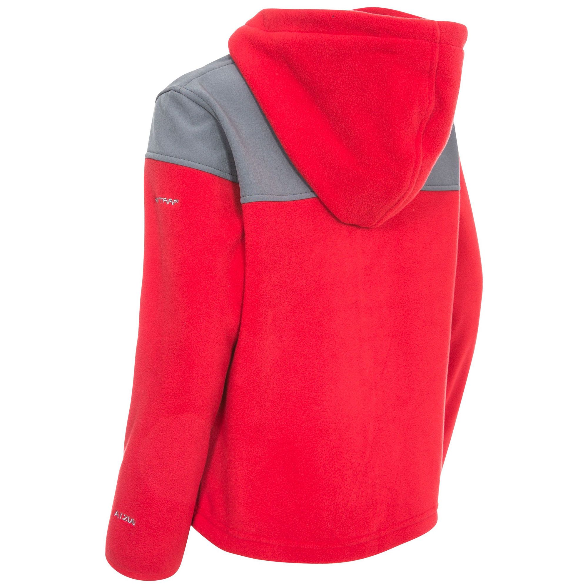 Boys fleece jacket with grown on hood. Contrast softshell panels. 2 x zip pockets. Contrast centre front and pocket zips. Contrast mesh hood lining. Binding at cuffs. Ideal for wearing outside on a cold day. Main: 100% Polyester. Contrast: 95% Polyester, 5% Elastane. Lining: 100% Polyester Mesh.