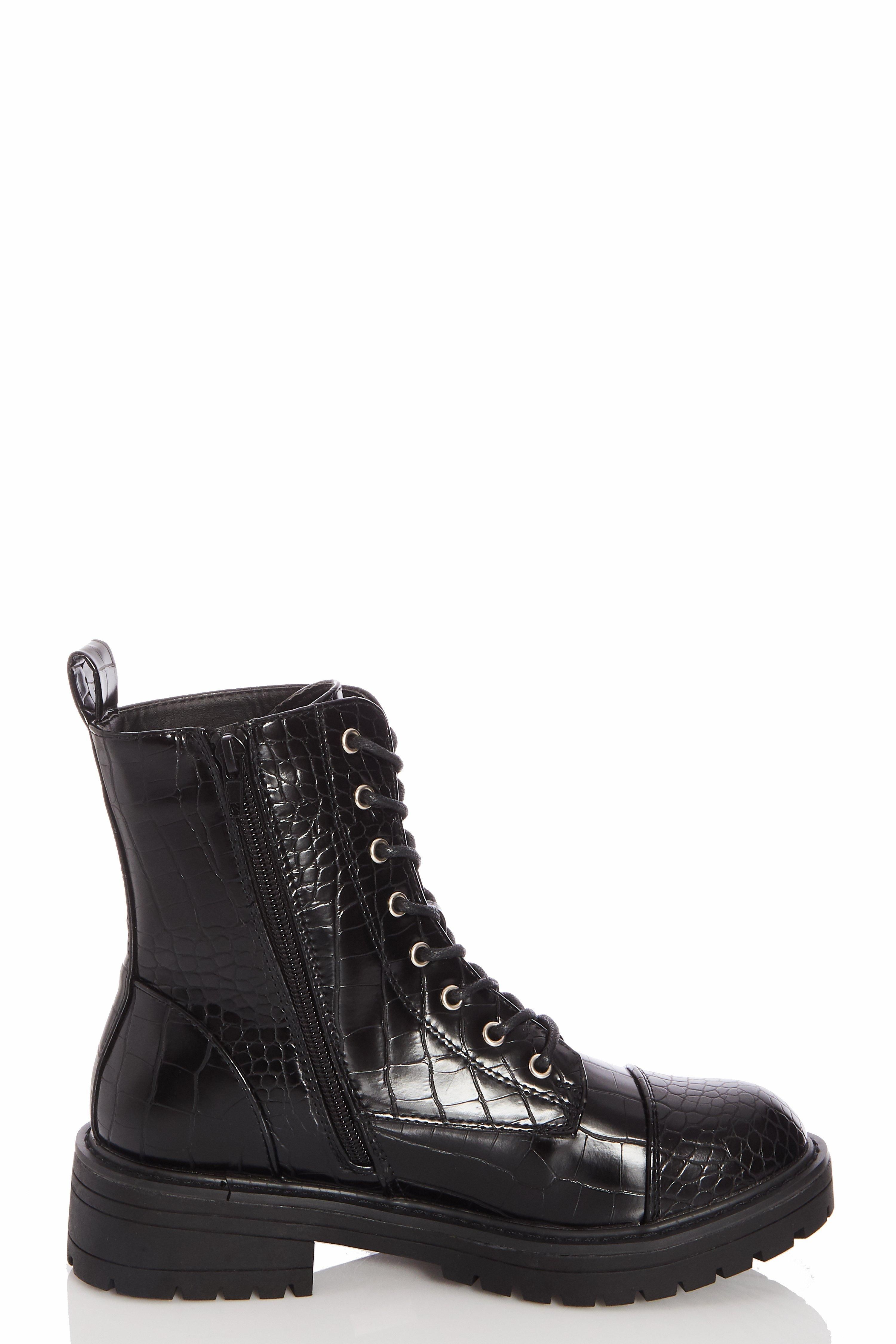 - Hiker style boots  - Crocodile effect  - Lace up detail  - Inner zip  - Heel height 2'' approx