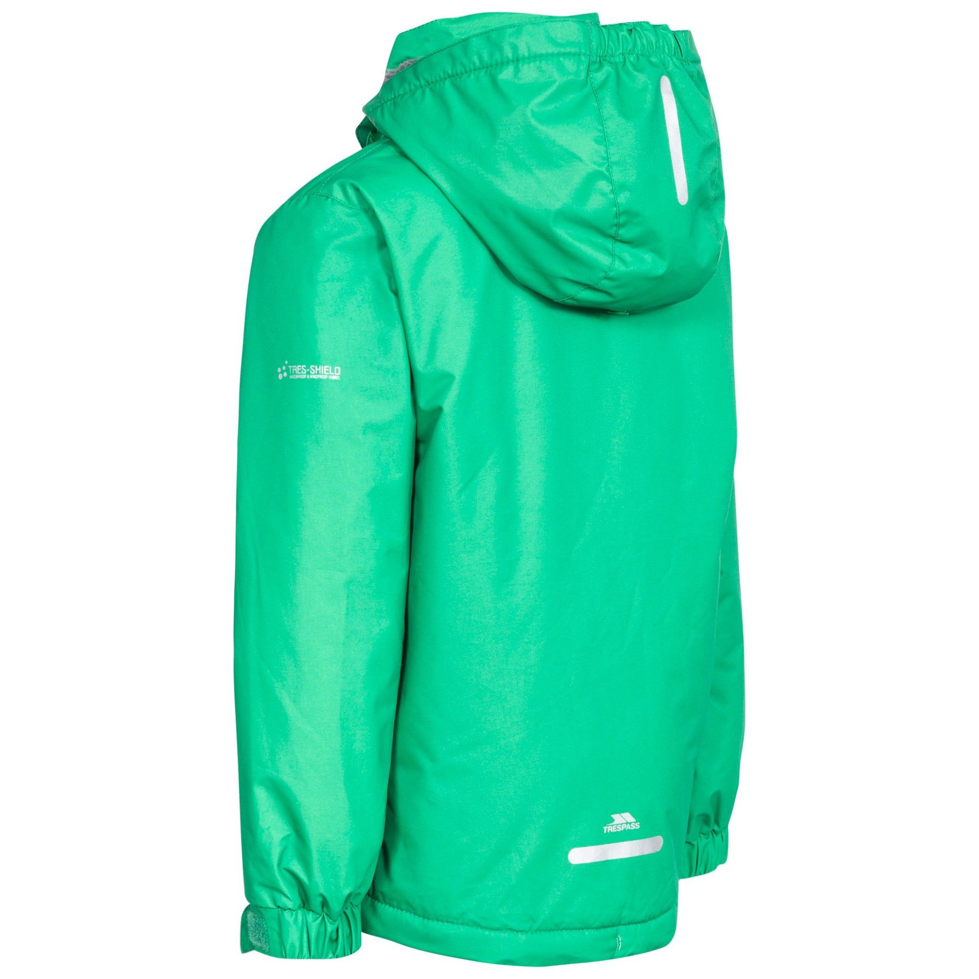 Padded. Detachable stud off hood. Sherpa fleece lined hood. 2 zip pockets. Elasticated cuff with touch fastening tab. Hem drawcord. Contrast front zip. Reflective stripe on back. Waterproof 3000mm, windproof, taped seams. Shell: 100% Polyester, PU coating, Lining: 100% Polyester, Filling: 100% Polyester. Trespass Childrens Chest Sizing (approx): 2/3 Years - 21in/53cm, 3/4 Years - 22in/56cm, 5/6 Years - 24in/61cm, 7/8 Years - 26in/66cm, 9/10 Years - 28in/71cm, 11/12 Years - 31in/79cm.