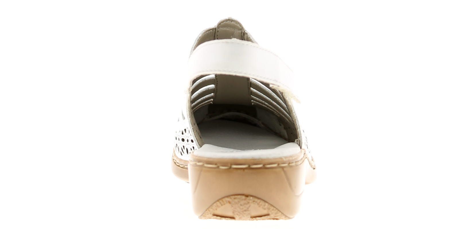 <Ul><Li>Rieker 41355-80 Womens Shoes In White</Li><Li>Ladies Sling Back Leather Upper Sandals With Floral Cut Outs. Touch Fastening Strap. Padded Leather Insole.  Shock Absorbing Outsole.</Li><Li>Leather Upper</Li><Li>Manmade Lining</Li><Li>Synthetic Sole</Li><Li>Ladies Womens Rieker Summer Sandals Velcro Fastening</Li>