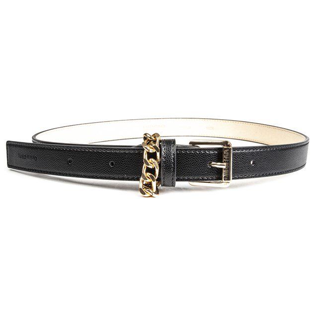 Womens black Valentino Bags polly belt, manufactured with polyurethane. Featuring: gold engraved hardware, chain loop, belt width 2.5cm, small = 100cm and medium = 110cm.