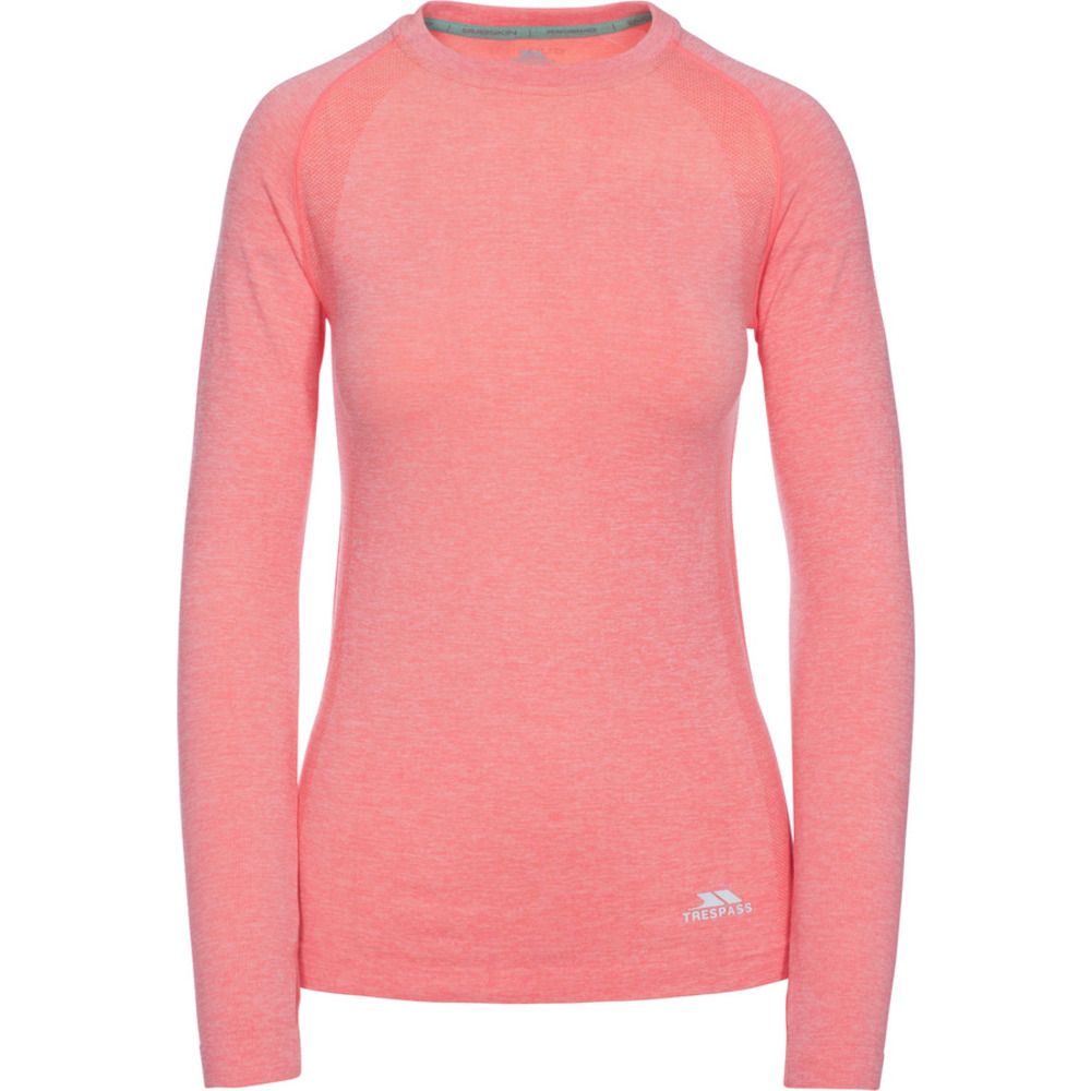 Seamless. Long sleeve. Round neck. Contrast panels. Reflective printed logos.  finish. Wicking. Quick dry. 59% Polyamide/36% Polyester/5% Elastane. Trespass Womens Chest Sizing (approx): XS/8 - 32in/81cm, S/10 - 34in/86cm, M/12 - 36in/91.4cm, L/14 - 38in/96.5cm, XL/16 - 40in/101.5cm, XXL/18 - 42in/106.5cm.