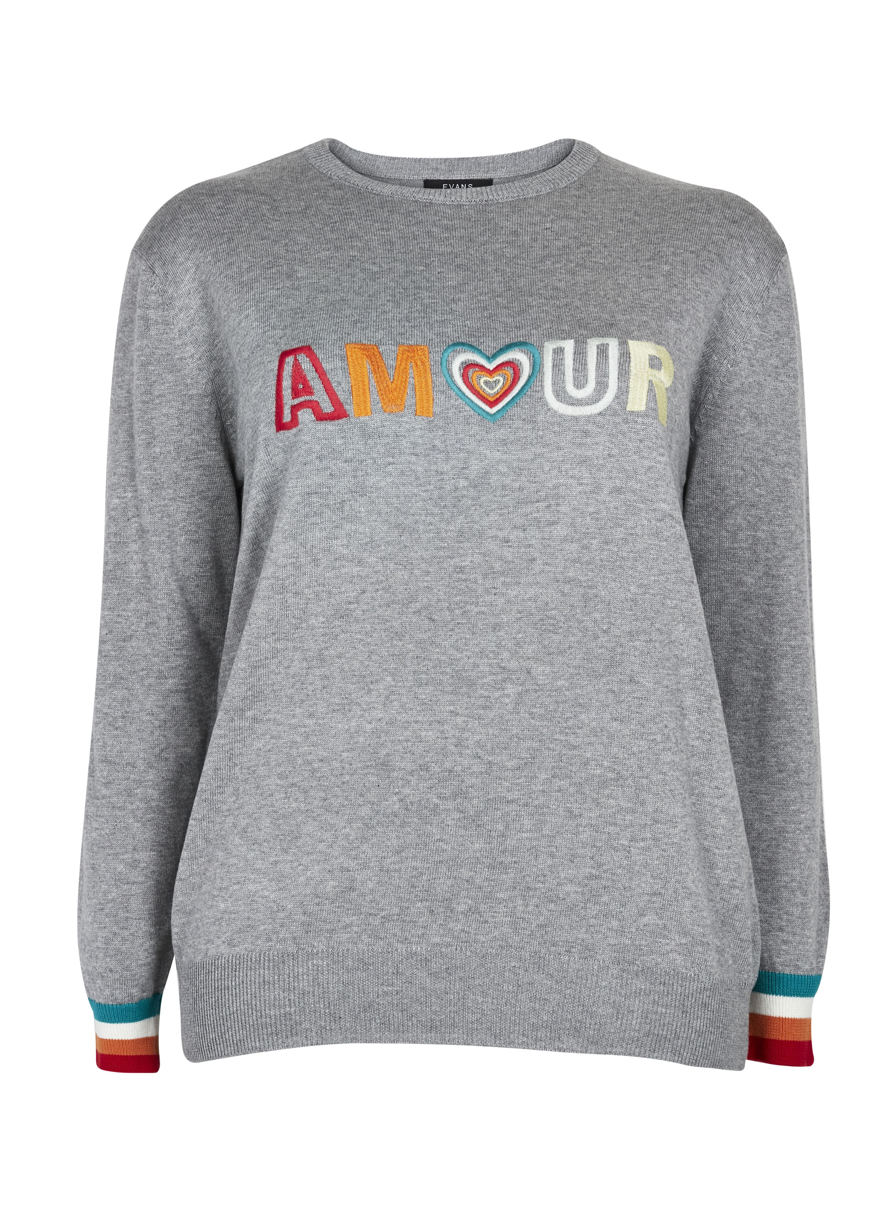 This cute slogan jumper will add a pop of colour to your everyday wardrobe. Rainbow detailing and a cute heart design keep this contemporary, whilst a relaxed fit and laid-back grey hue will have you wearing this on-repeat. Wear with jeans and chunky ankle boots, layering over a padded coat for cosy winter walks.  Jumper Round neck Long sleeve Relaxed Casual 56% Acrylic, 44% Cotton Machine washable