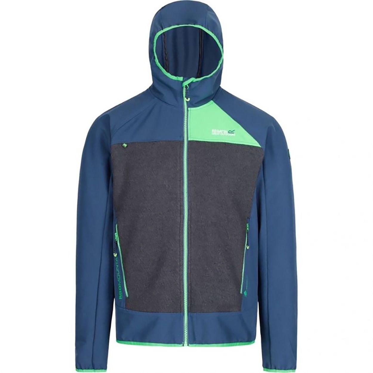 Mens hooded jacket made of Isoflex active stretch fabric. Wool mix panels to the body. Wind resistant. Grown on hood. 2 zipped lower pockets. Stretch binding to hood opening, cuffs, and hem. Ideal for wearing outdoors on a cold day. 5% Elastane, 95% Polyester.