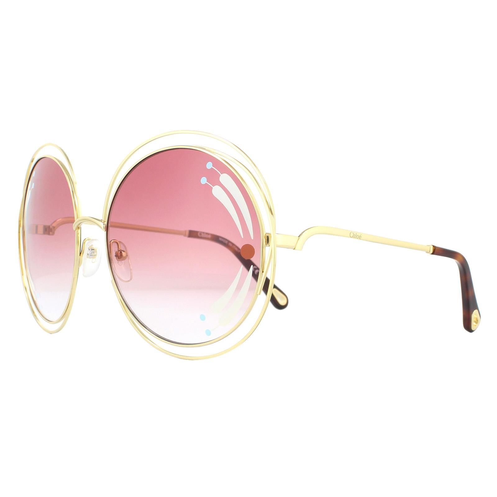 Chloe Sunglasses Carlina CE114SRI 835 Gold Havana Burgundy Gradient are an oversized round style with a sculptural wired frame, embellished lenses and temples etched with the Chloe logo.