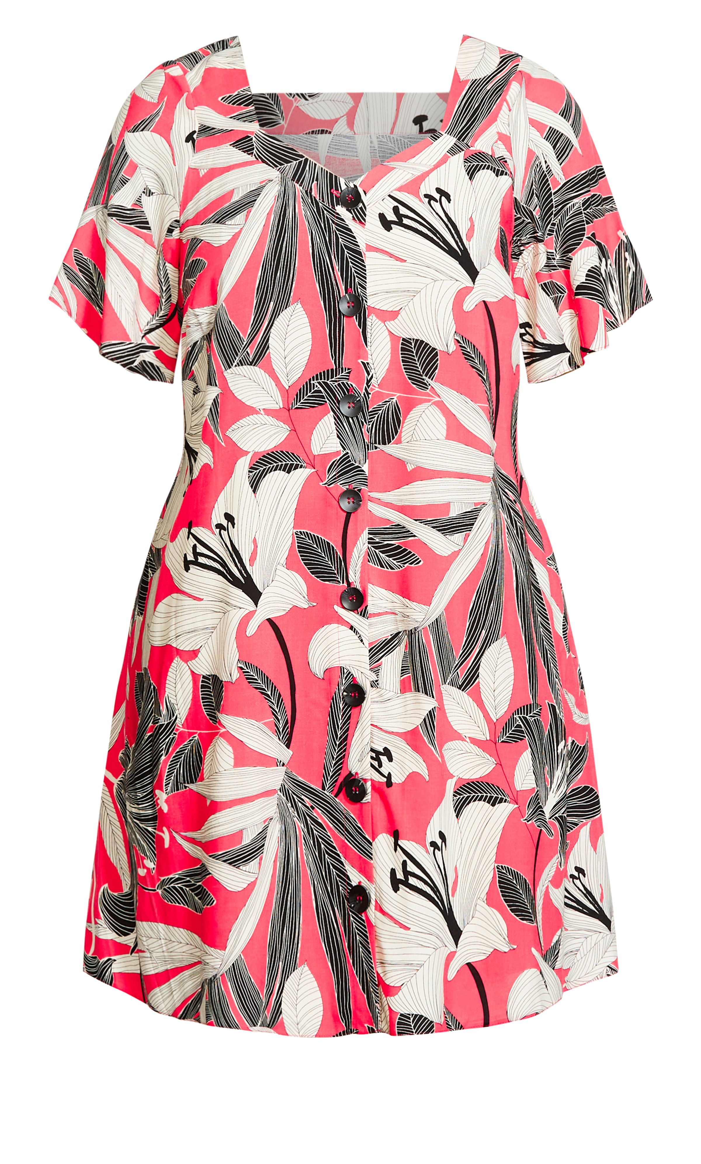 Keep pretty in pink this summer with our oh-so chic and playful Button Through Tropical Dress! Flirting with a tropical print and floaty relaxed fit, this flattering day dress ticks some serious style boxes. Key Features Include: - V-neckline - Short sleeves - Relaxed fit - Lightweight non-stretch fabrication - Workable buttoned front - Pull over style - Unlined - Hip length Keep it casual in fresh white trainers and a classic denim jacket.