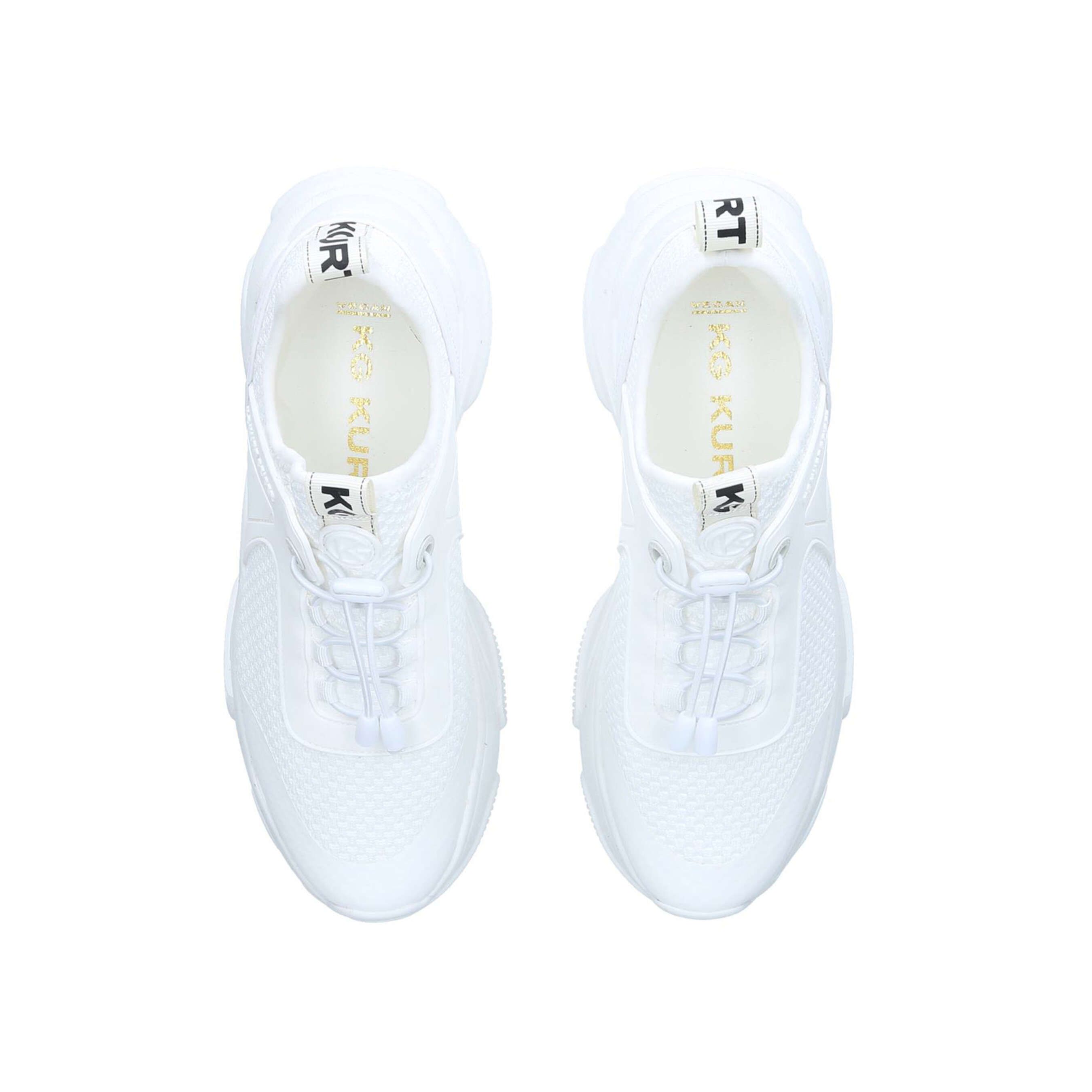 The Leighton sneaker arrives in white with toggle tied laces. The KG Kurt Geiger logo printed on ribbed textile with a print stitch detailing is seen at the ankle with a rubber monocle which features the embossed KG Kurt Geiger logo.