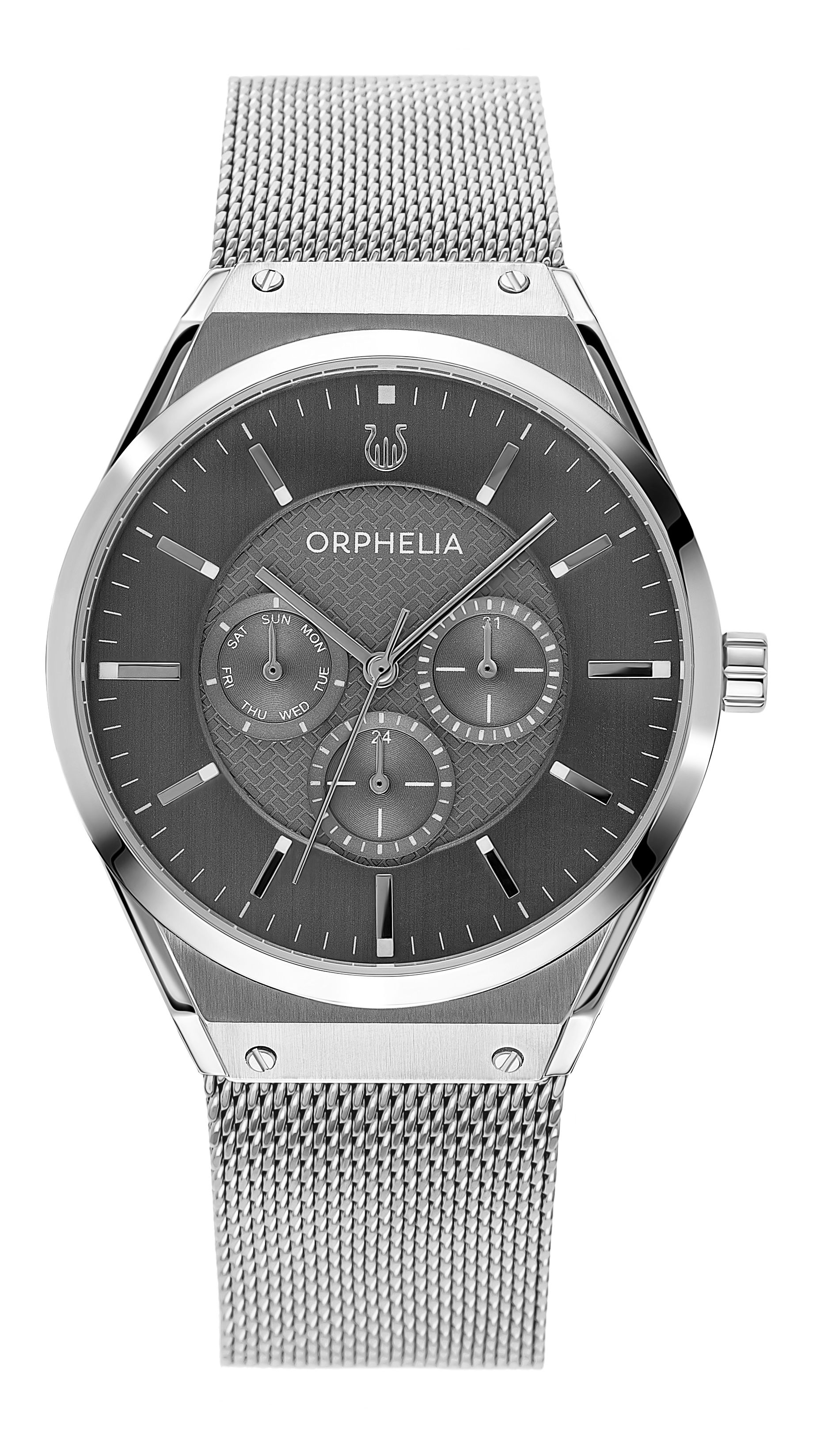 This Orphelia Saffiano Multi Dial Watch for Men is the perfect timepiece to wear or to gift. It's Silver 41 mm Round case combined with the comfortable Silver Stainless steel watch band will ensure you enjoy this stunning timepiece without any compromise. Operated by a high quality Quartz movement and water resistant to 3 bars, your watch will keep ticking. GREAT DESIGN: ORPHELIA Saffiano Multi dial  watch with a Miyota Quartz movement includes a date display and has a mesh band. This watch features a 24 hour display. Perfect for parties, date nights and wearing in the office. PREMIUM QUALITY: By using high-quality materials  Glass: Mineral Glass  Case material: Stainless steel  Bracelet material: Stainless steel- Water resistant: 3 bars COMPACT SIZE: Case diameter: 41 mm  Height: 9 mm  Strap- Length: 22 cm  Width: 20 mm. Due to this practical handy size  the watch is absolutely for everyday use-Weight: 91 g