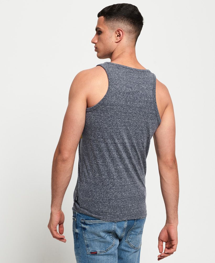 Superdry men's Vintage Logo cali stripe vest top. An essential this season, the Vintage Logo cali stripe vest top features a stripe logo graphic across the chest and has been completed with a small logo tab in the side seam. Pair with shorts and flip flops to complete the look.