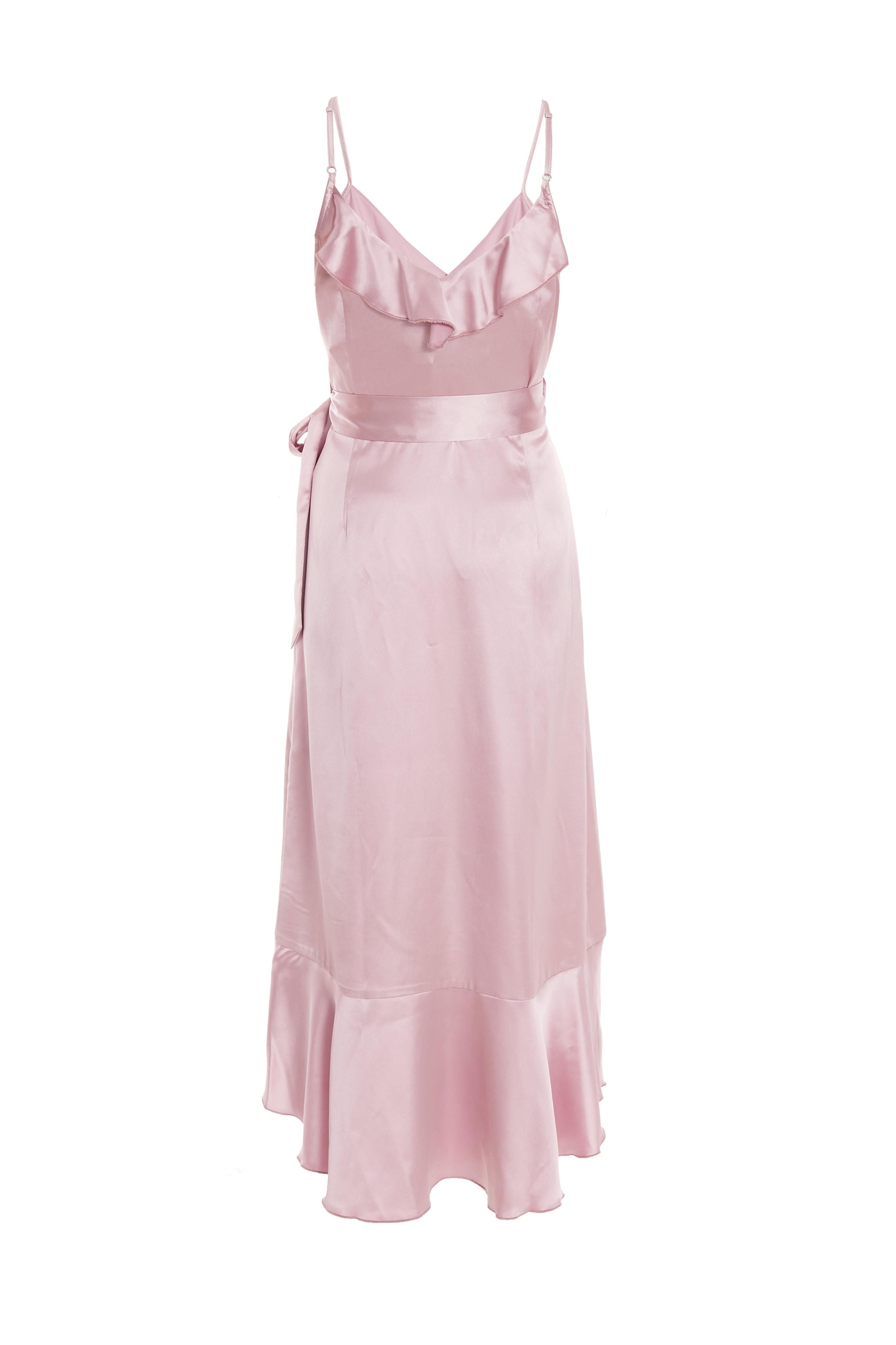 Pink Satin Wrap Frill Midi Dress