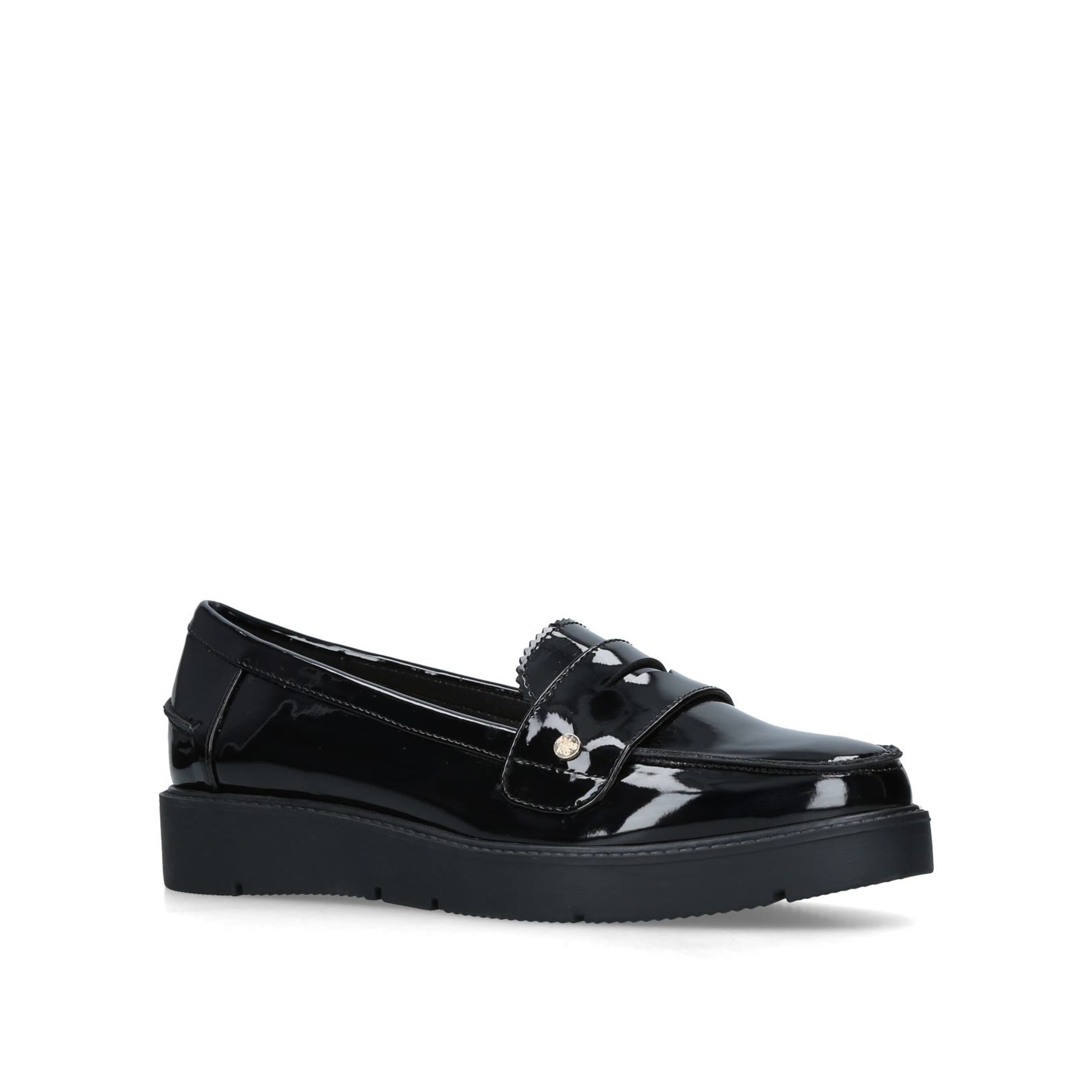 Work some polish into your professional looks with Miss KG's seductive Nieve loafer. This easy slip-on style is crafted in glossy black patent with a hardware pin and a touch of height hidden in the platform sole.
