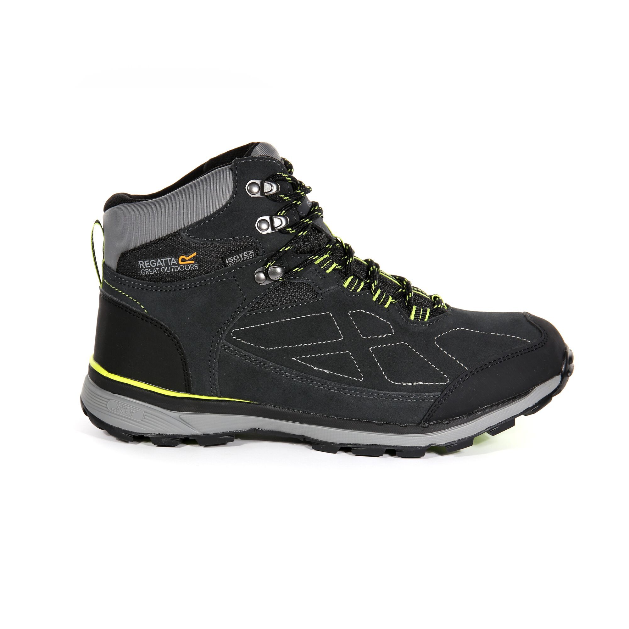 Mens hiking boots made of Isotex waterproof material. Seam sealed with internal membrane bootee liner. Hydropel water resistant technology. Suede and mesh upper. Neoprene collar for added comfort. Ghillie and hardware lacing with locking hook to deliver versatile and secure lacing. Rubber toe and abrasion resistant heel bumper. Moulded EVA comfort footbed. Stabilising shank technology. New XLT sole unit for improved traction and self cleaning. 8% Polyurathane, 10% Rubber, 12% Polyester, 70% Leather (Textile).