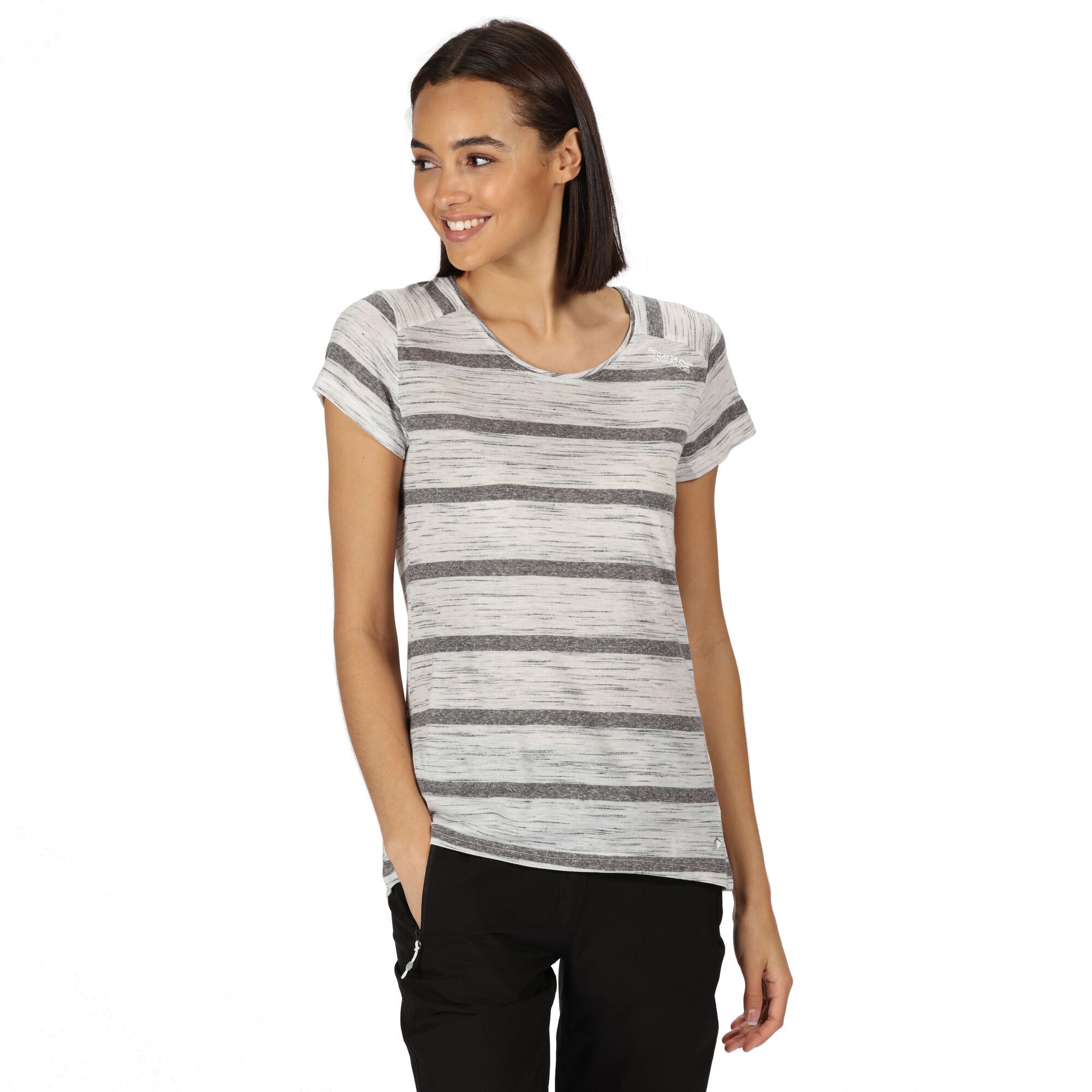 Material: 90% polyester, 7% cotton, 3% viscose/rayon. Good wicking performance. Semi-sheer stripes. Cap sleeves.
